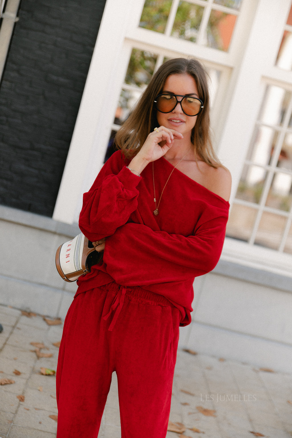 Gisele terry off-shoulder sweatshirt red