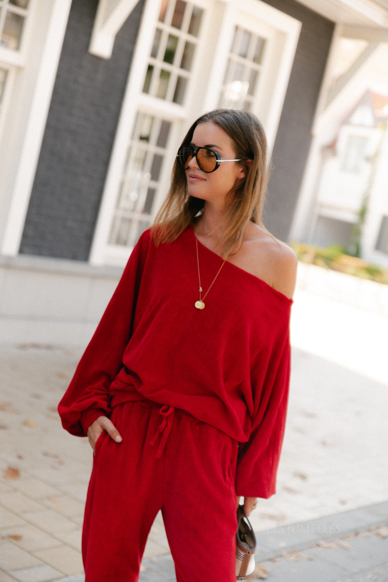 Gisele terry off-shoulder sweatshirt red