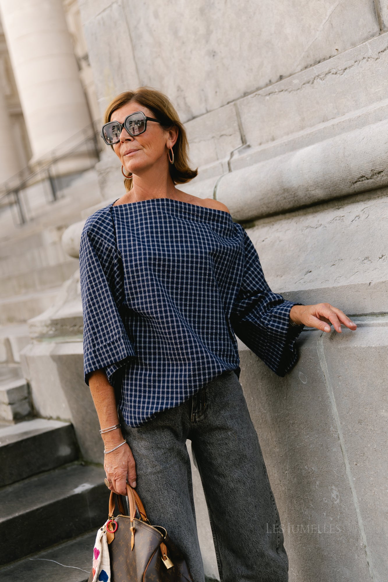 Myra checked off-shoulder blouse navy