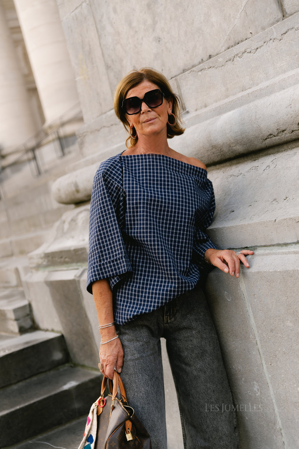 Myra checked off-shoulder blouse navy
