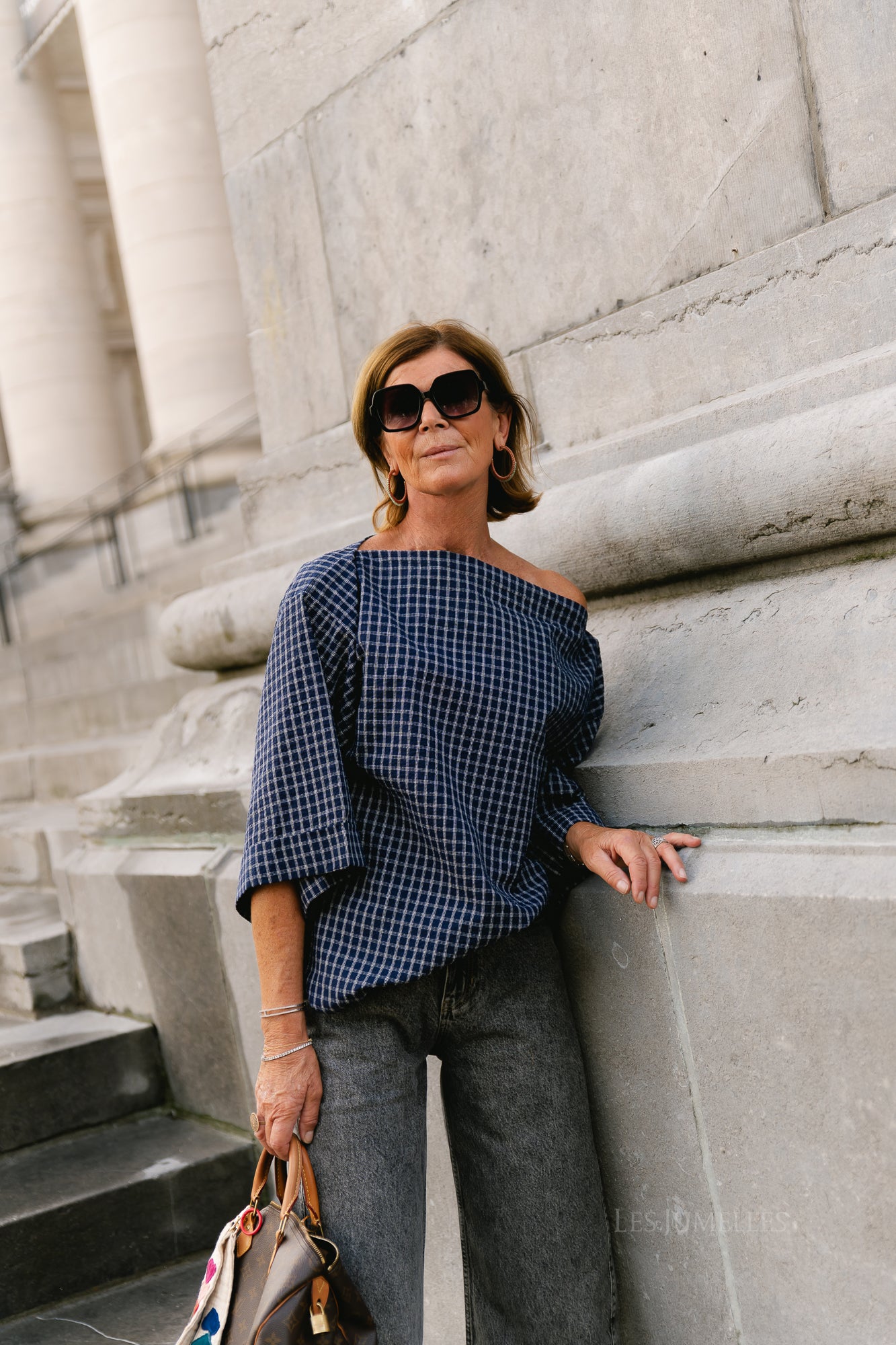 Myra checked off-shoulder blouse navy