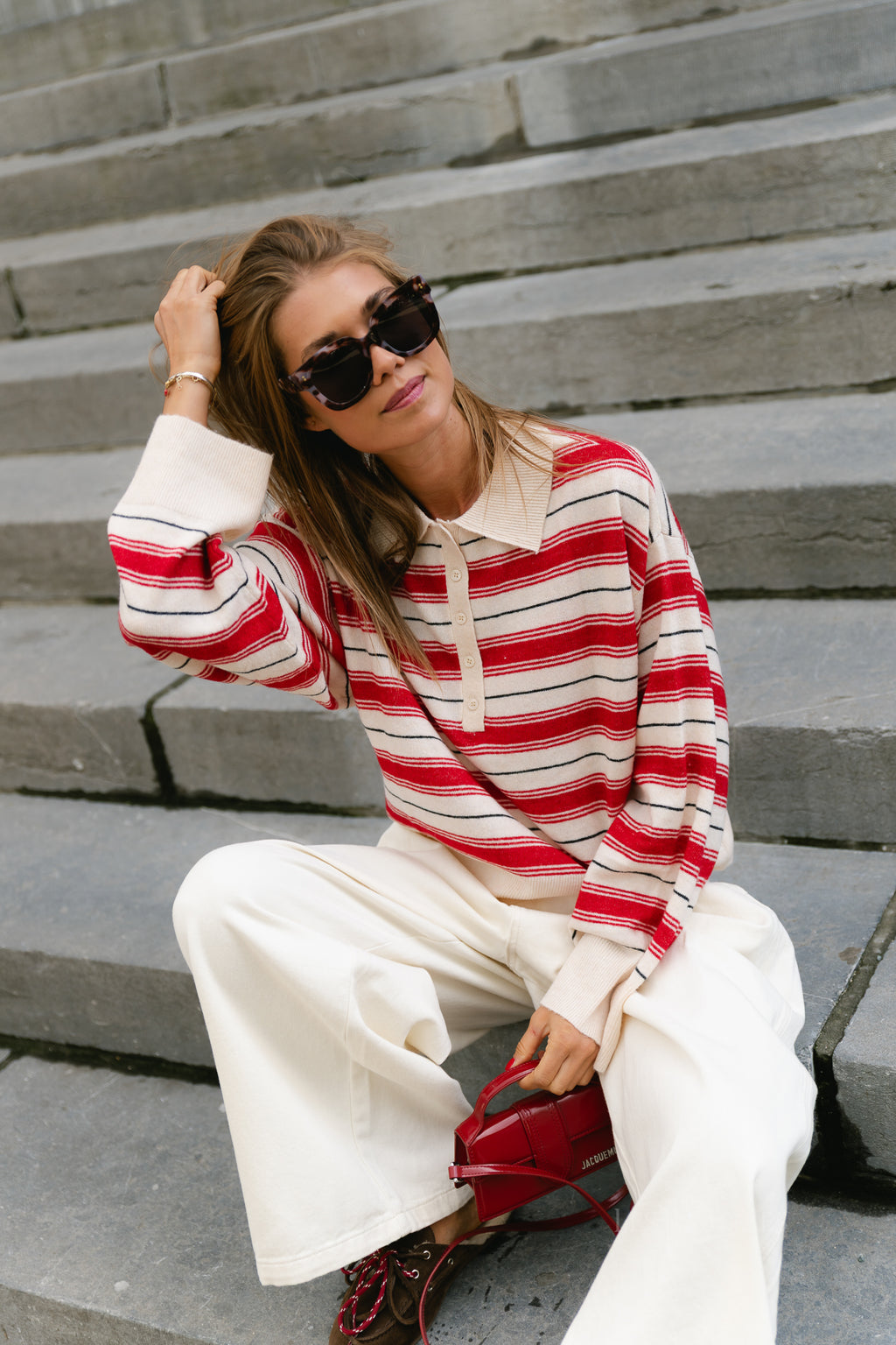 Gerit jumper off white/red/grey stripe