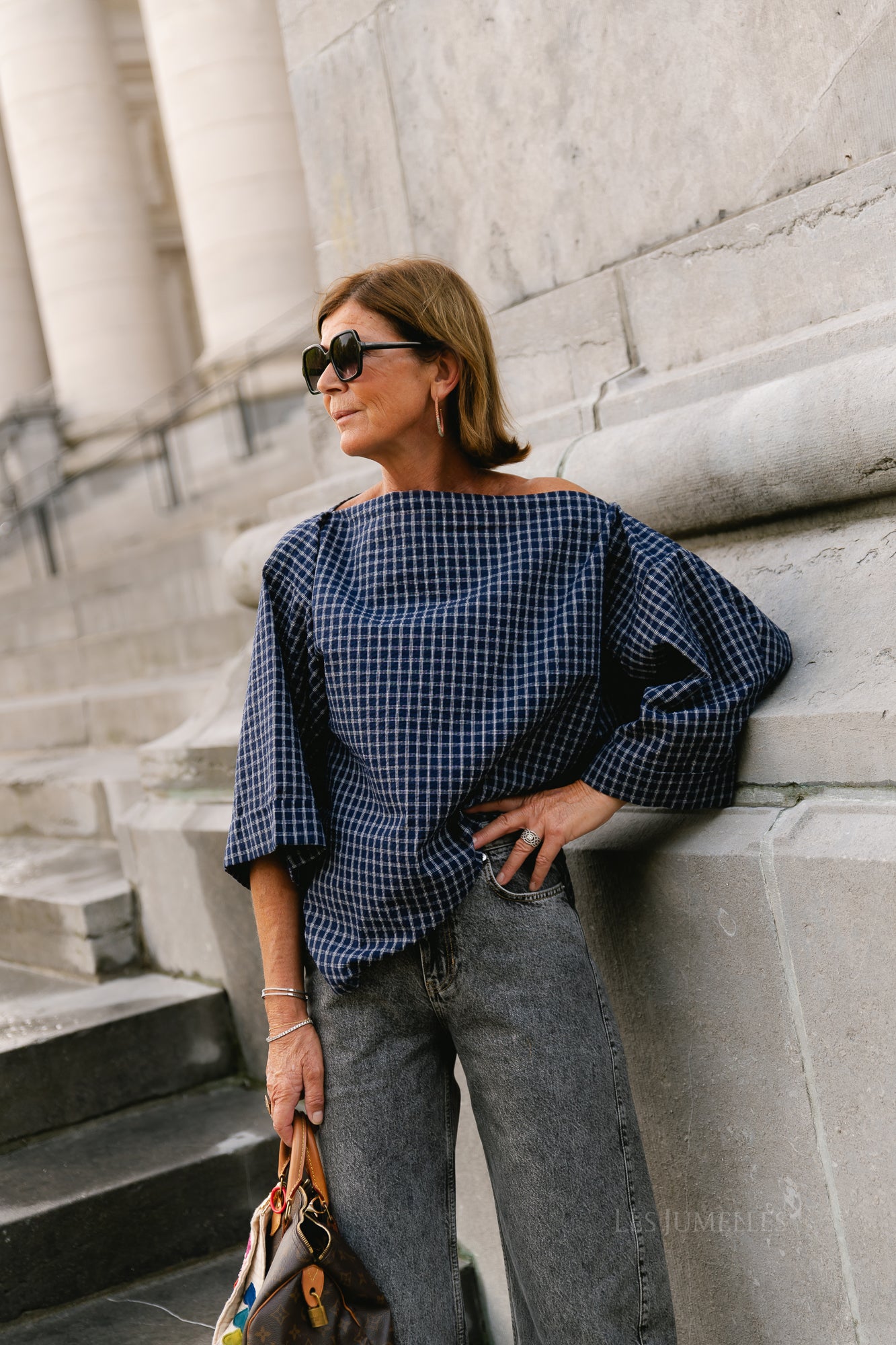 Myra checked off-shoulder blouse navy