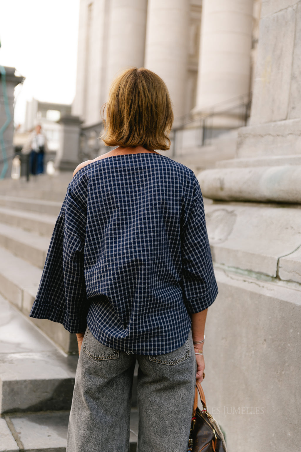 Myra checked off-shoulder blouse navy