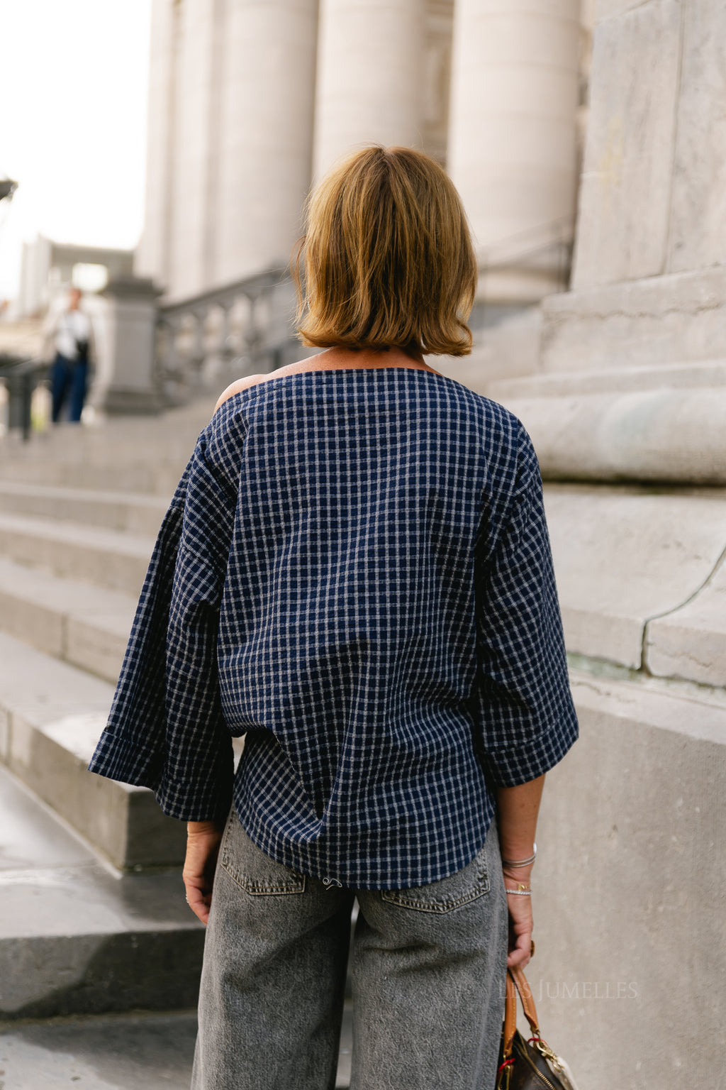 Myra checked off-shoulder blouse navy