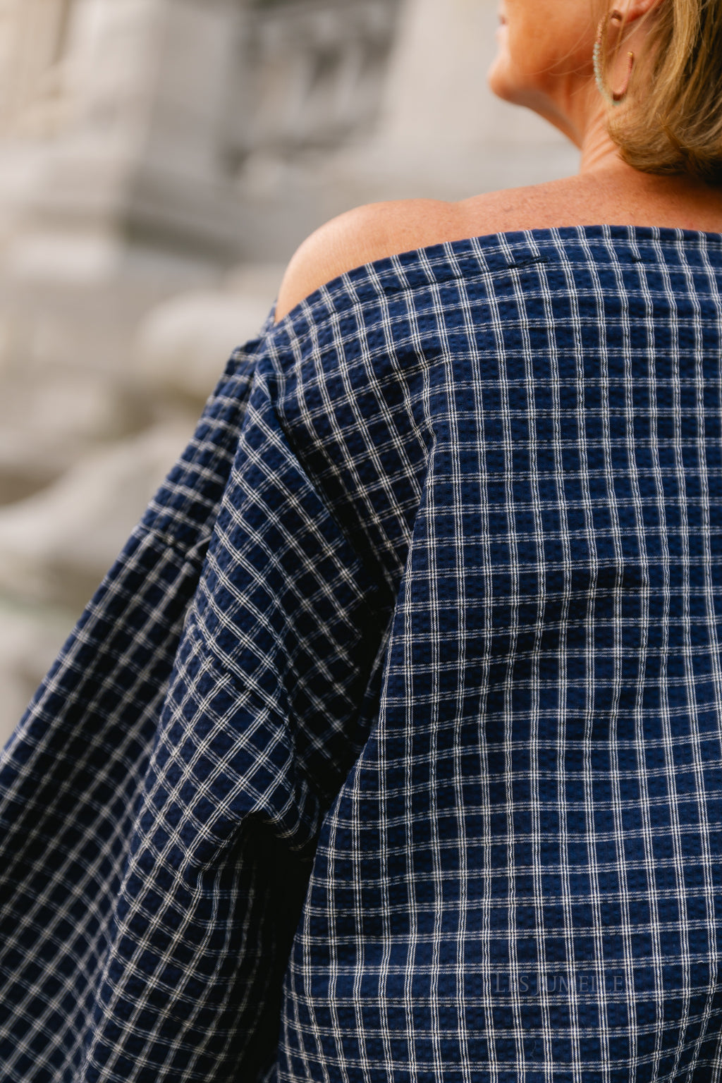 Myra checked off-shoulder blouse navy