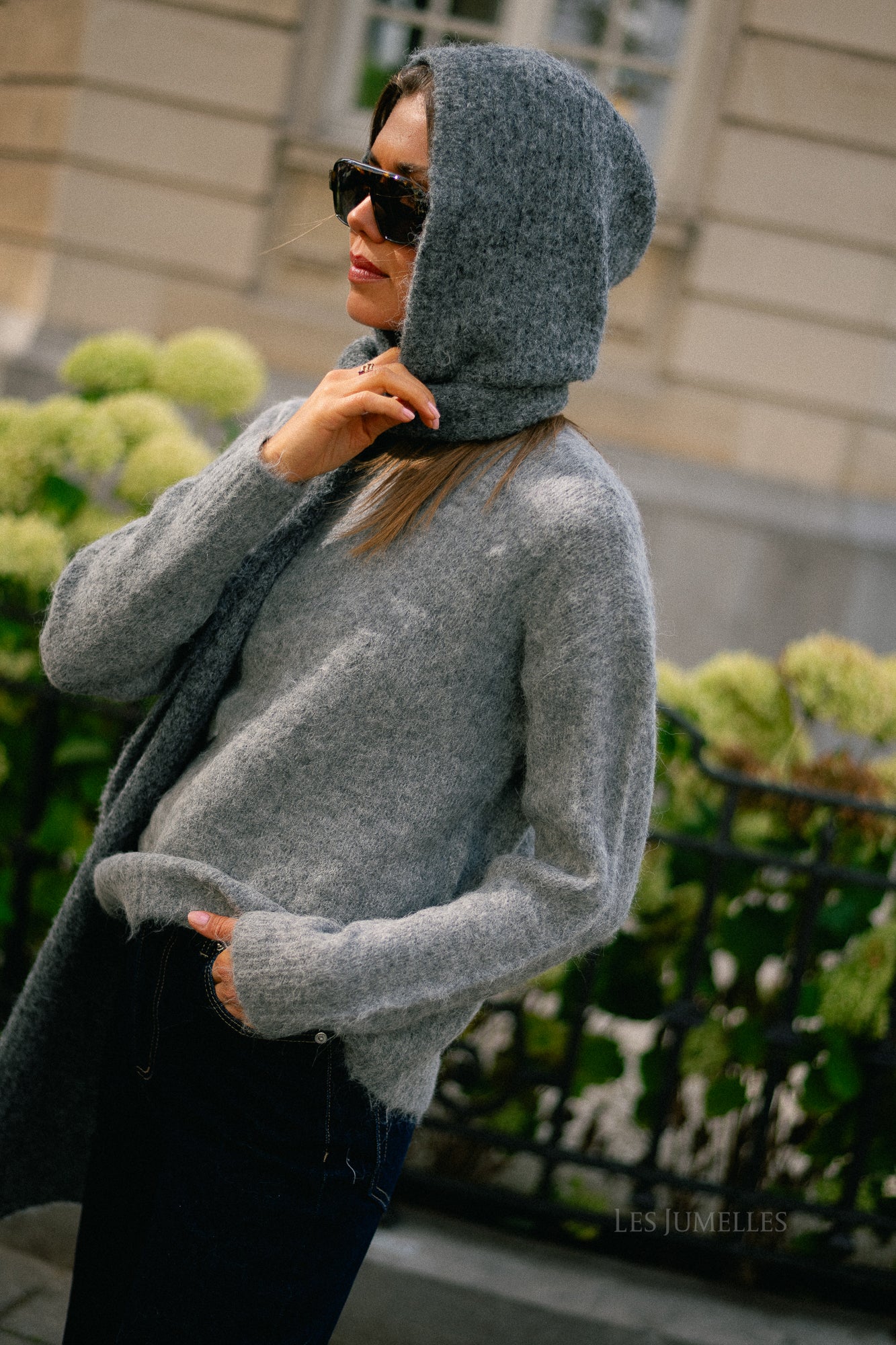 VIBennu funnelneck LS knit top medium gray melange