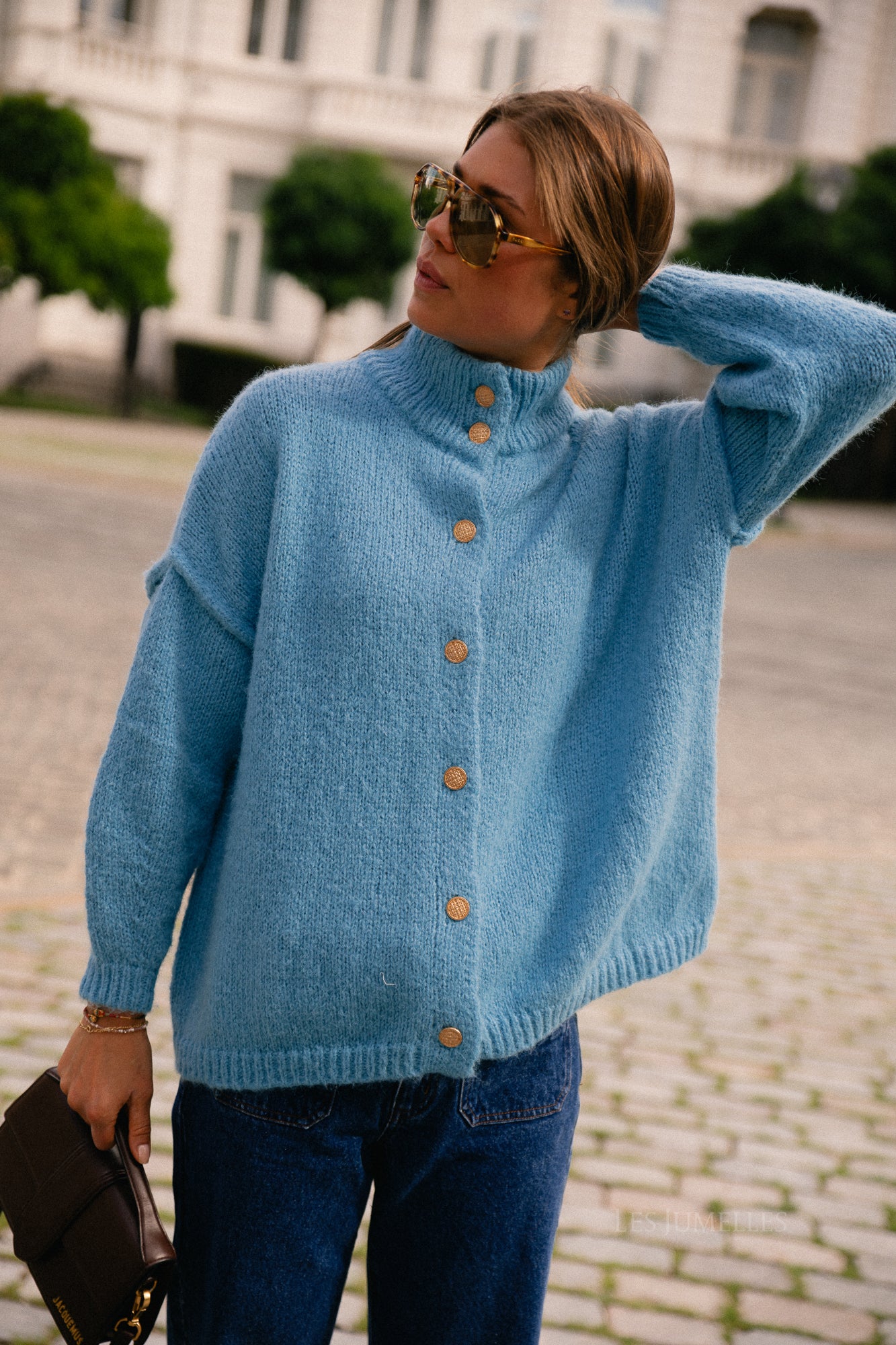 VISena highneck L/S cardigan delphinium blue