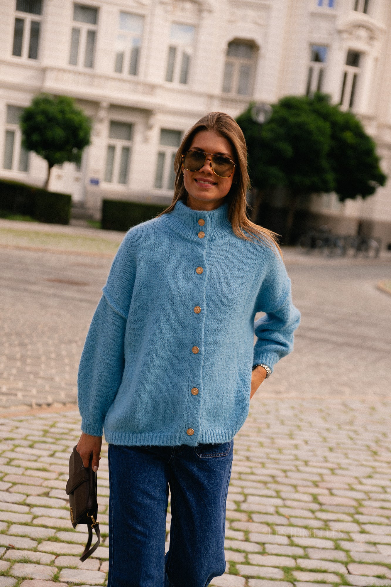 VISena highneck L/S cardigan delphinium blue