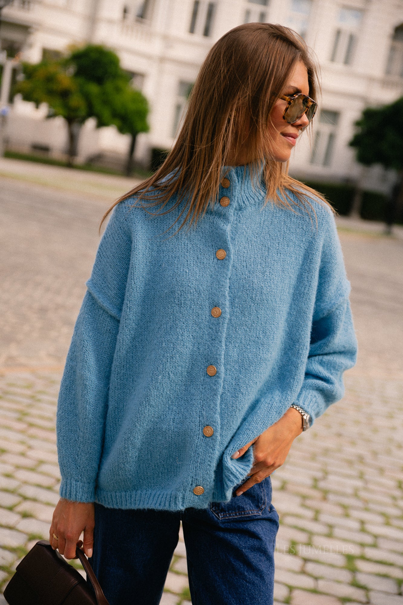 VISena highneck L/S cardigan delphinium blue