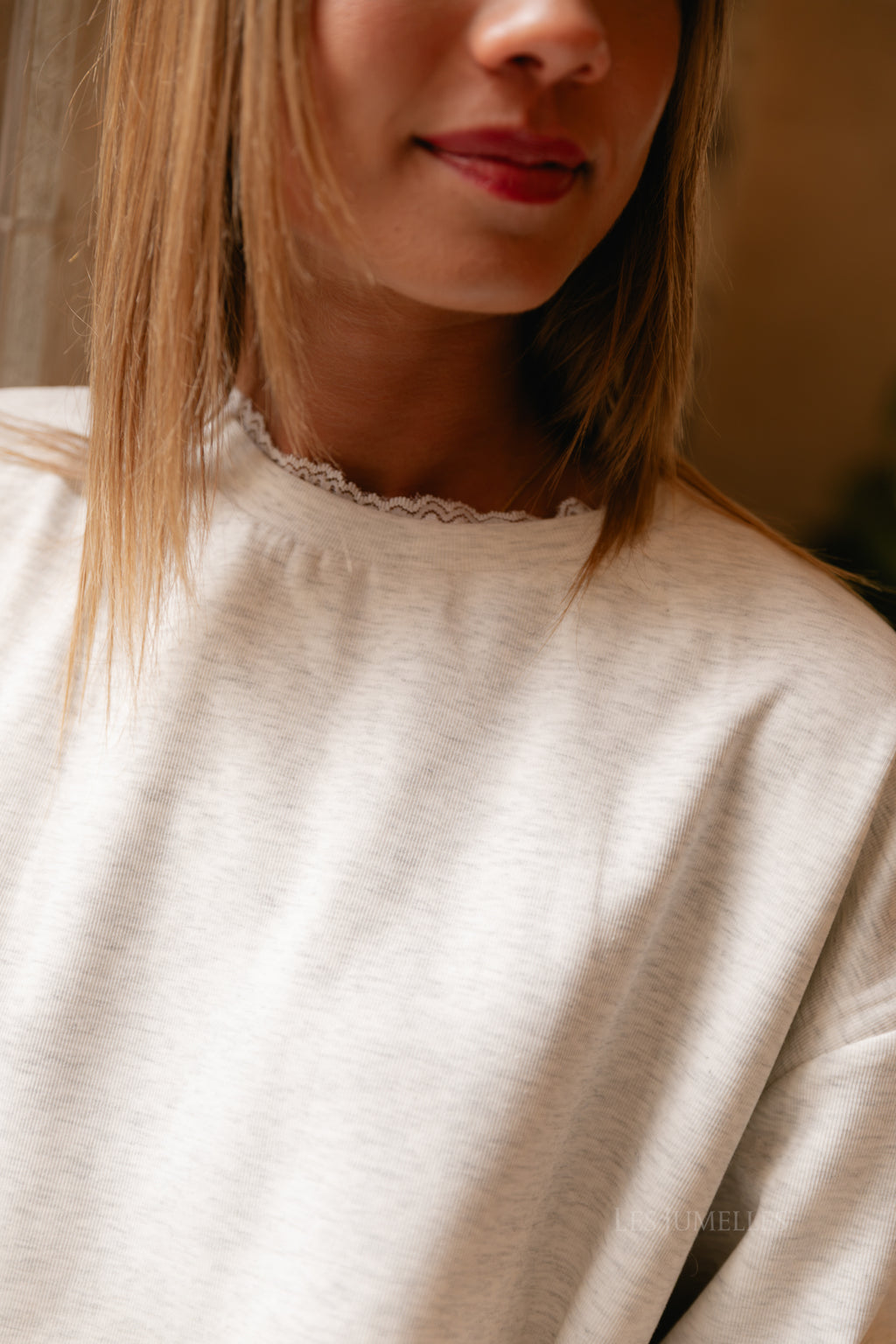 Everly lace trimmed sweater light grey melange
