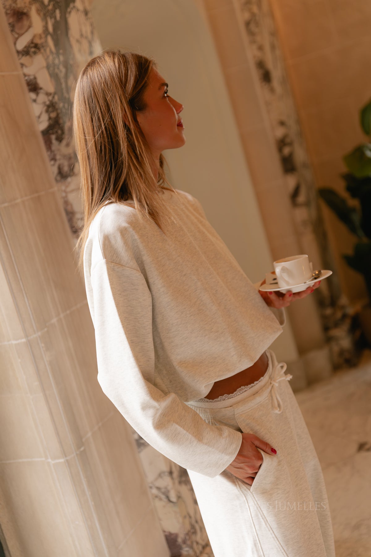 Everly lace trimmed sweater light grey melange