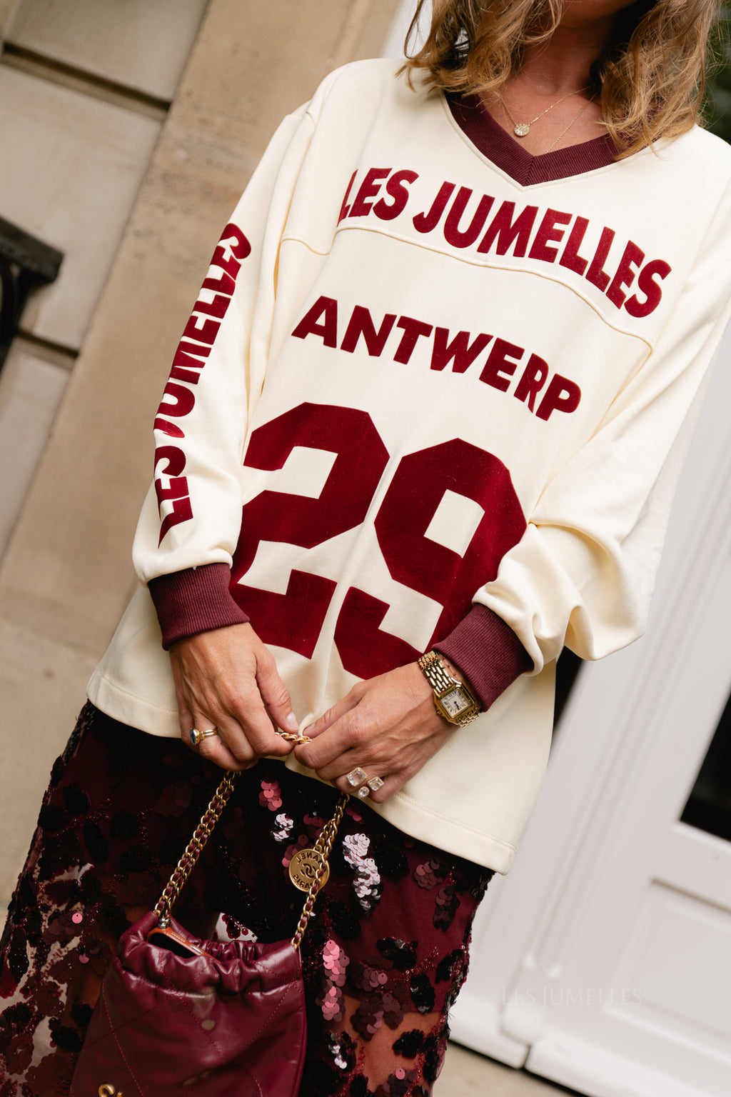 Les Jumelles varsity sweatshirt butter yellow/burgundy