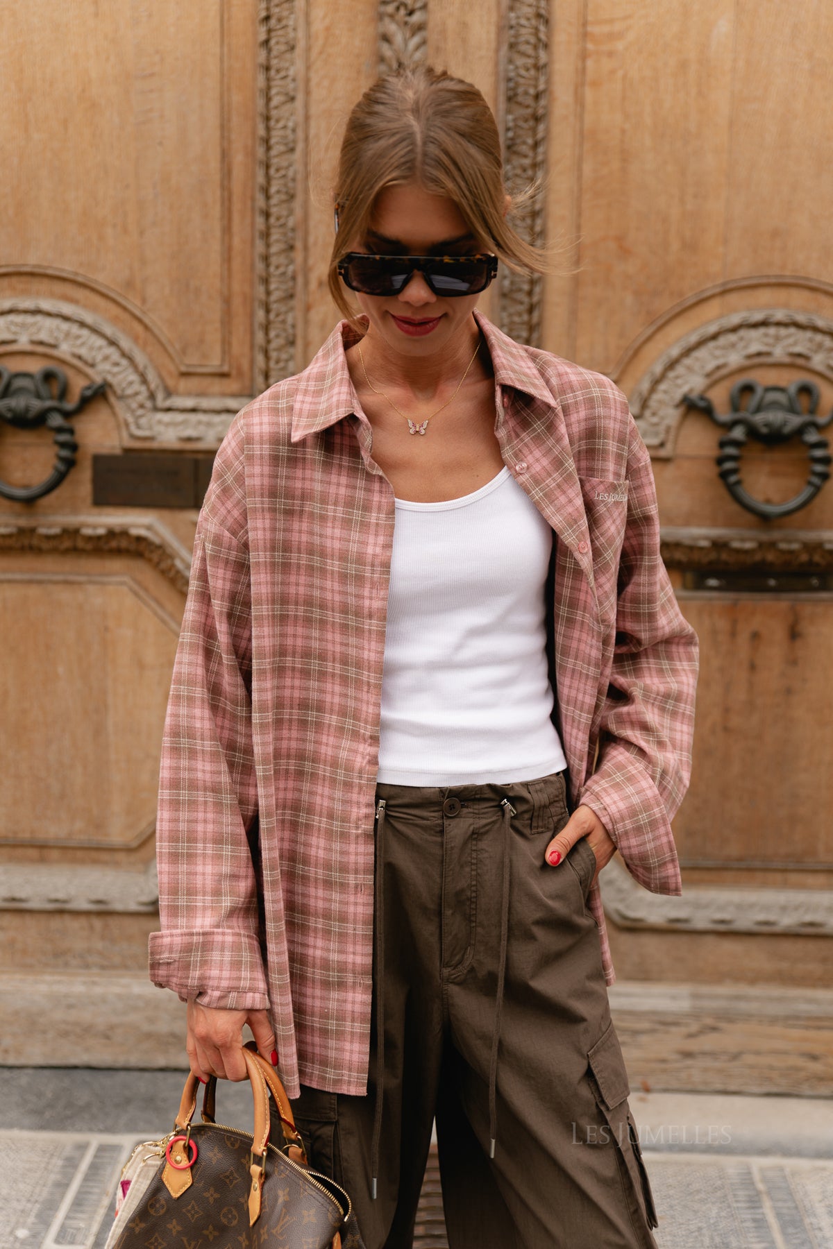 Kaia oversized check shirt pink/latte