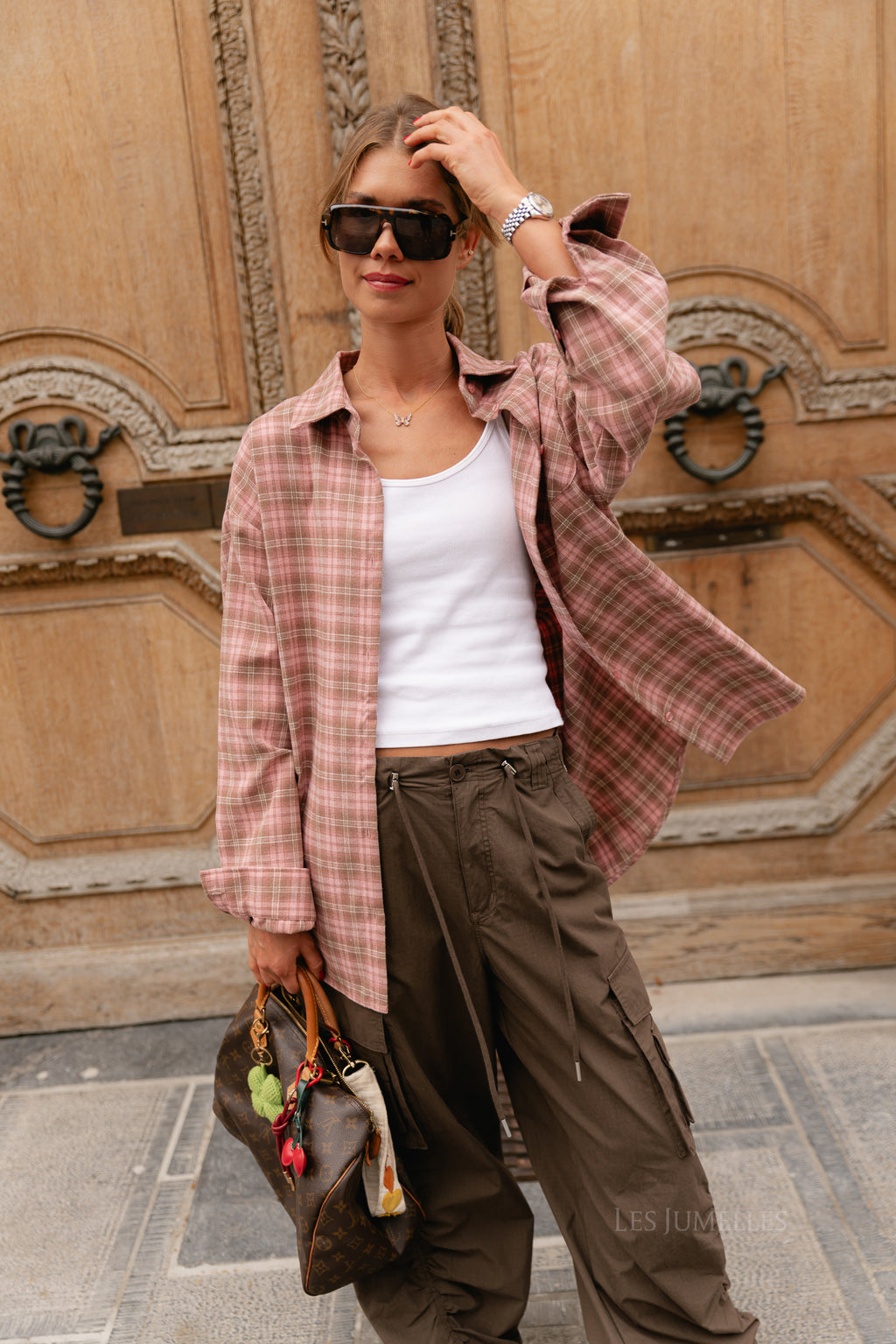 Kaia oversized check shirt pink/latte