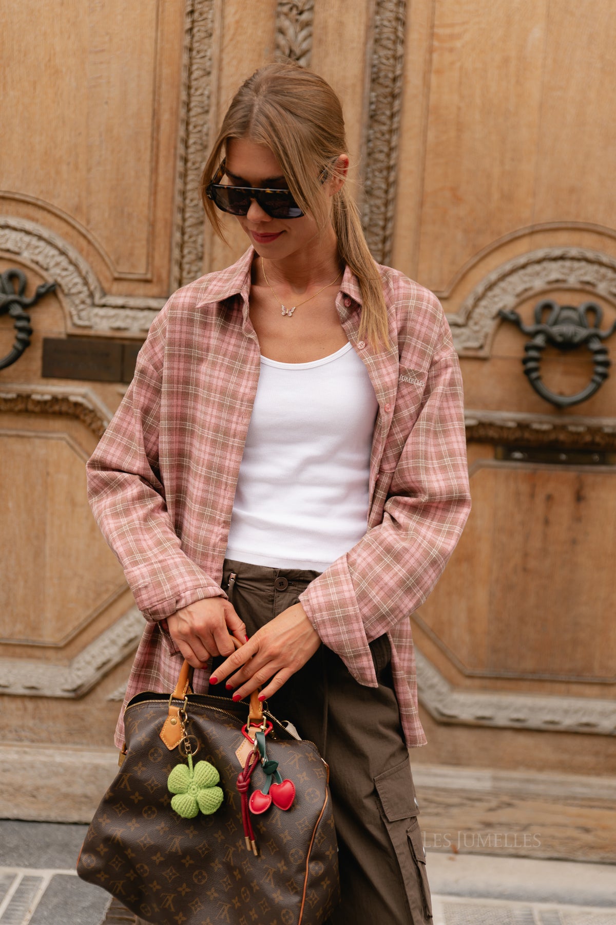 Kaia oversized check shirt pink/latte