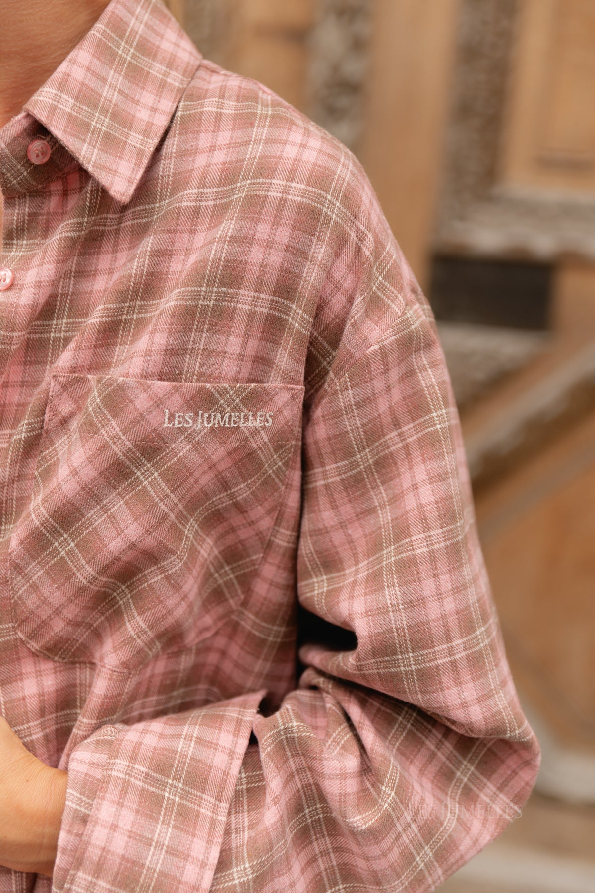Kaia oversized check shirt pink/latte