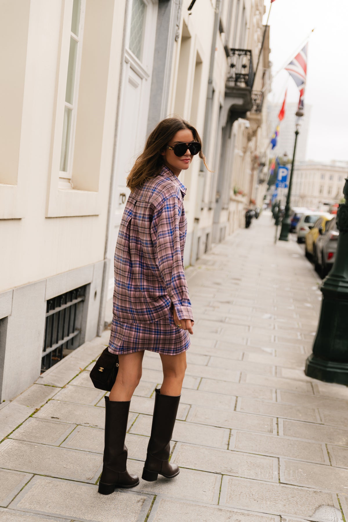 Kaia oversized check shirt royal blue/pink