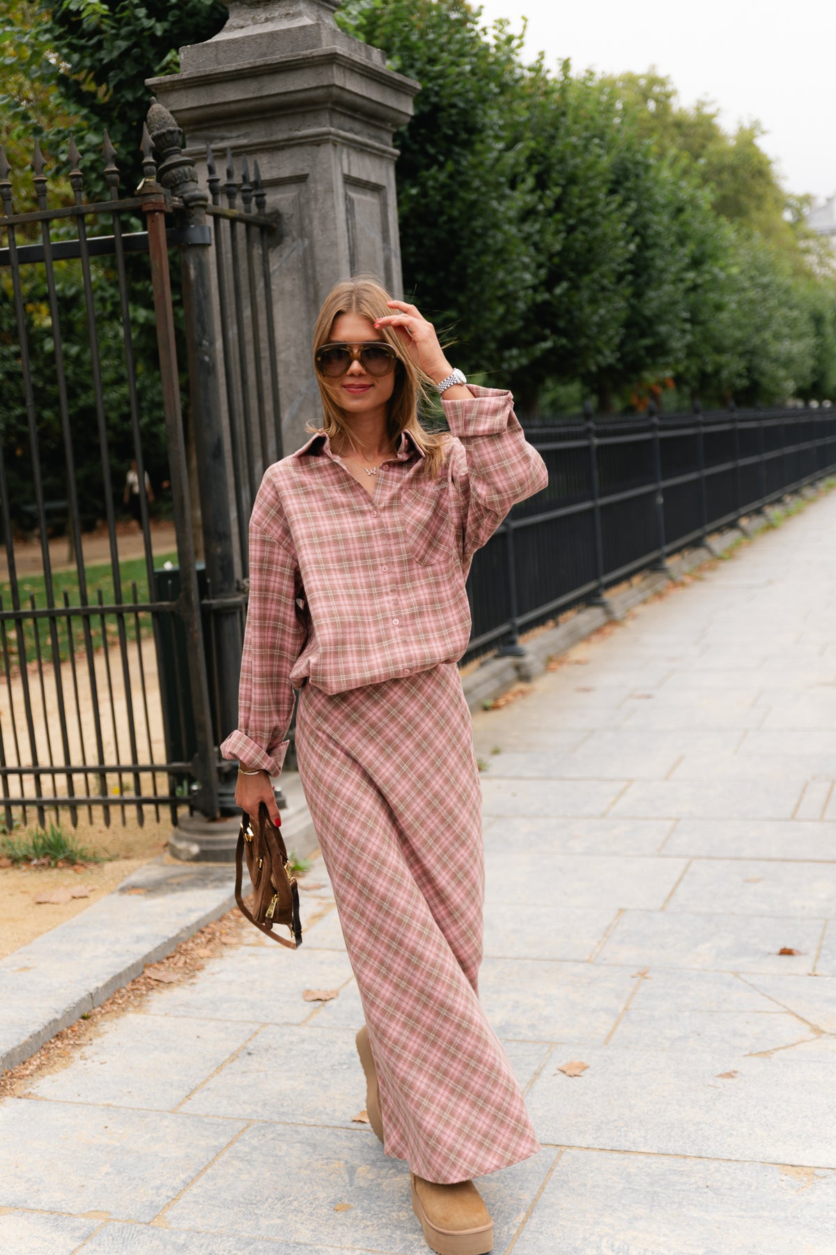 Eliza check maxi skirt pink/latte