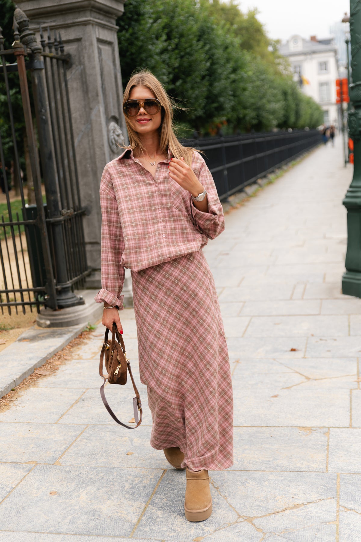 Eliza check maxi skirt pink/latte