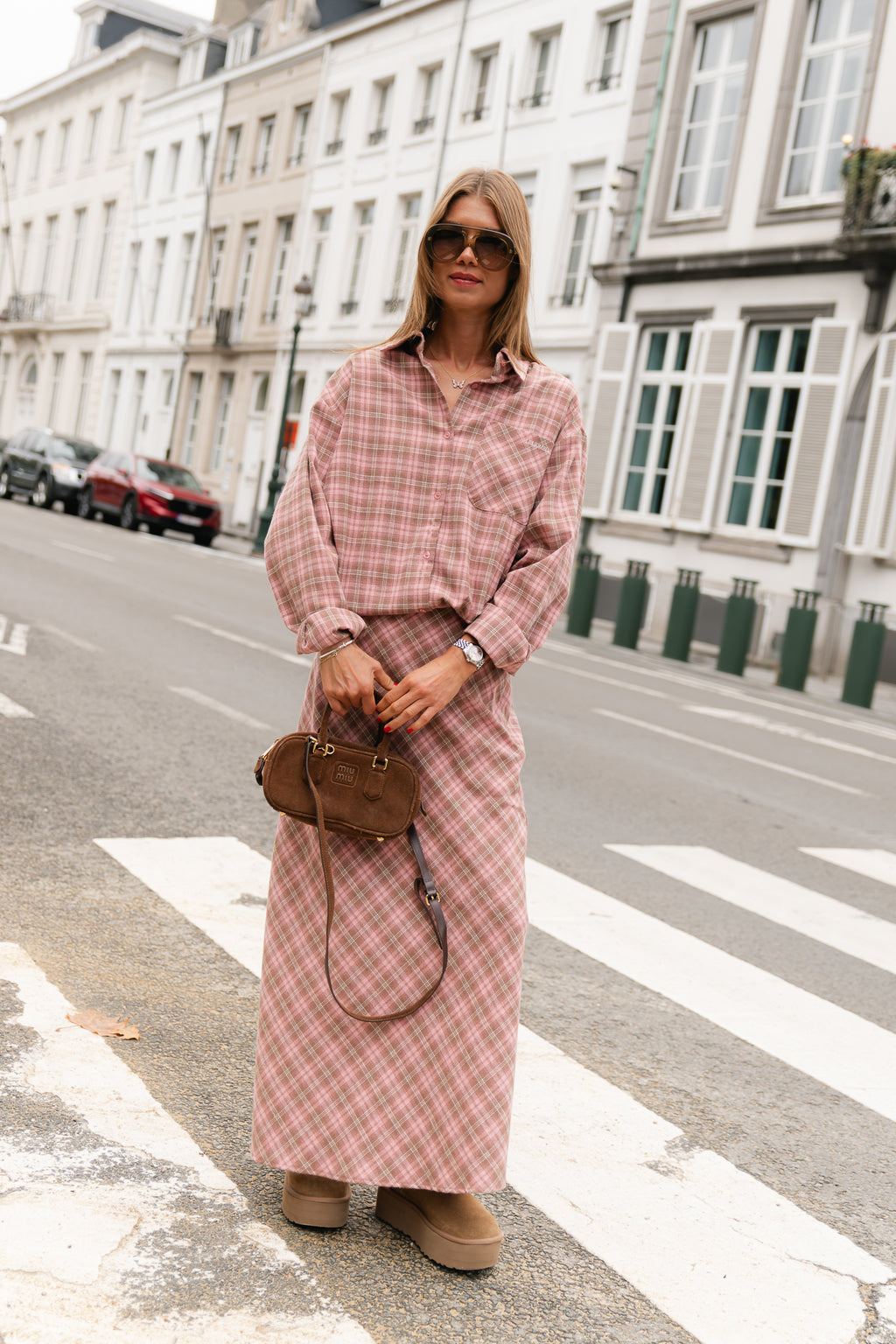 Eliza check maxi skirt pink/latte