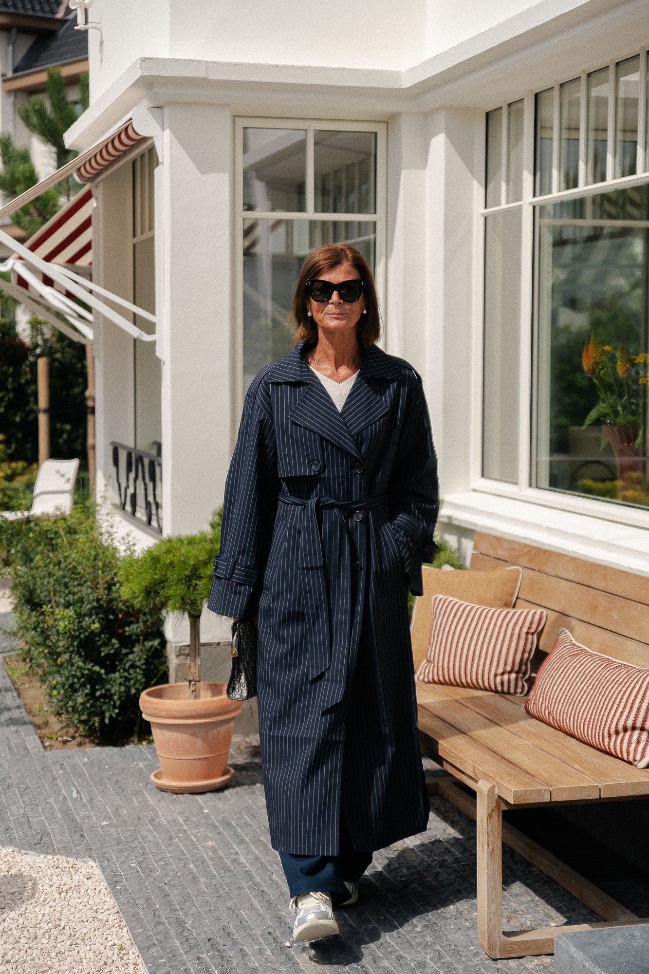 Oversized Birgit trenchcoat marineblauw krijtstreep