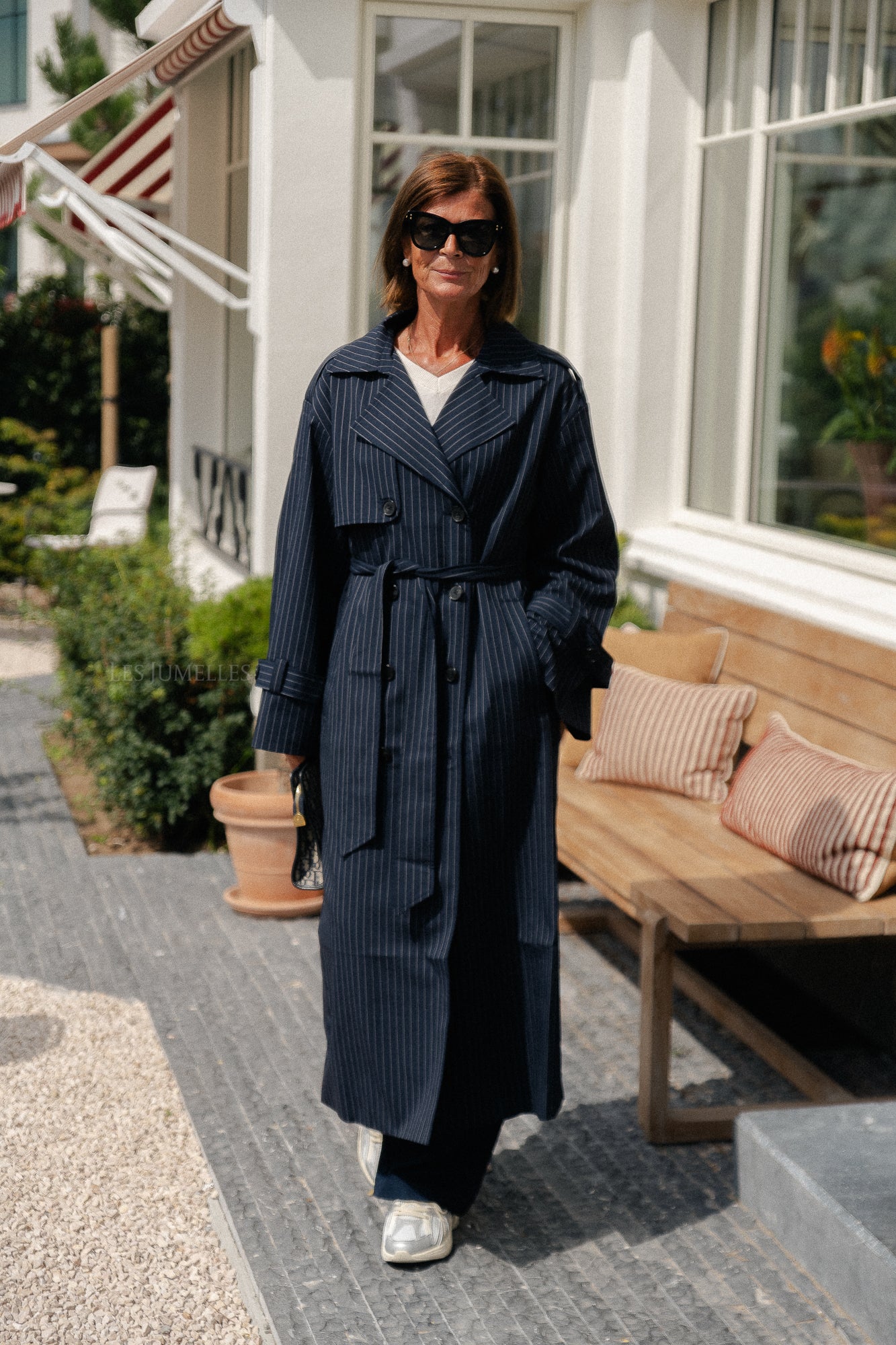 Oversized Birgit trenchcoat marineblauw krijtstreep