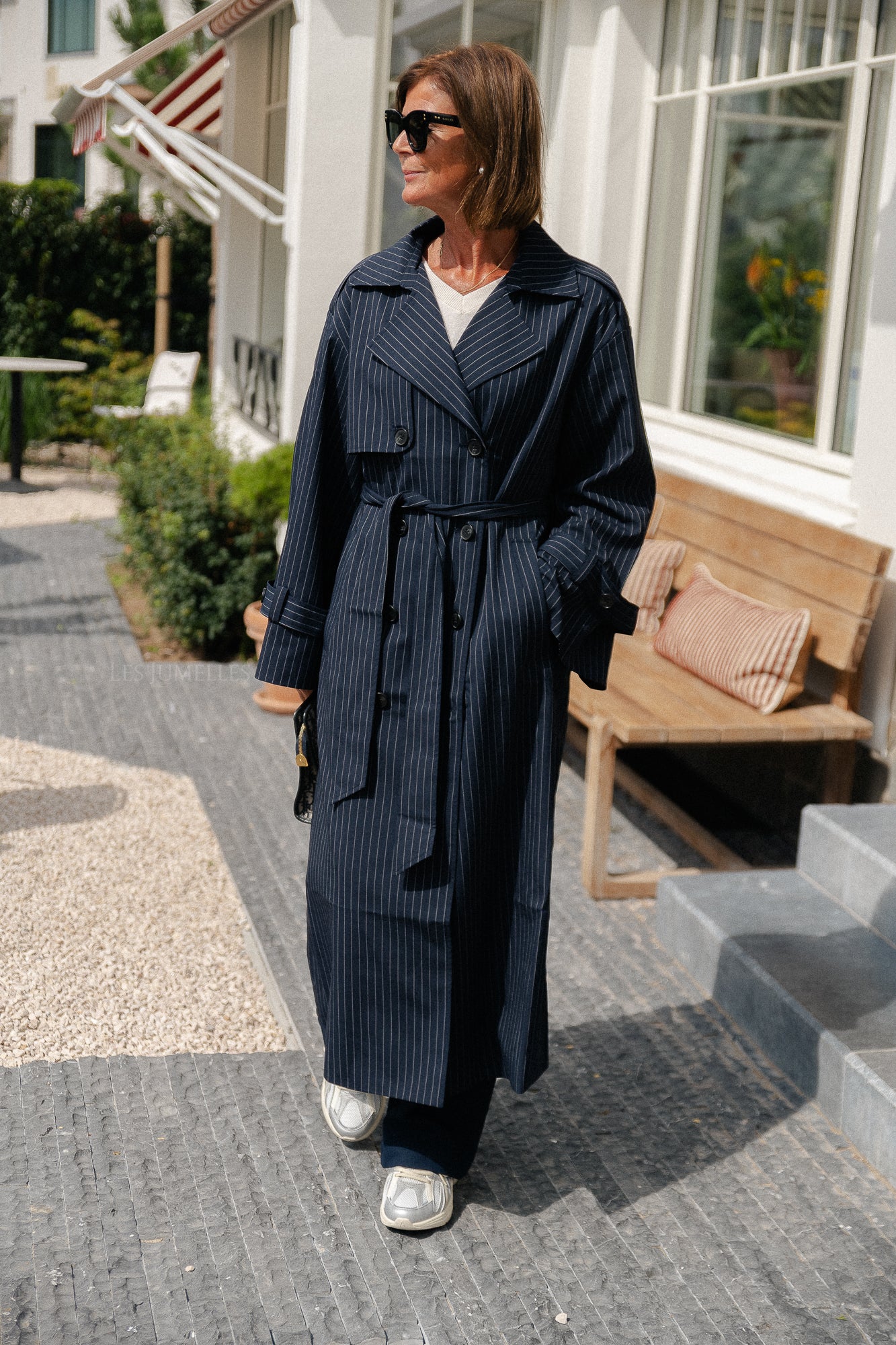 Oversized Birgit trenchcoat marineblauw krijtstreep