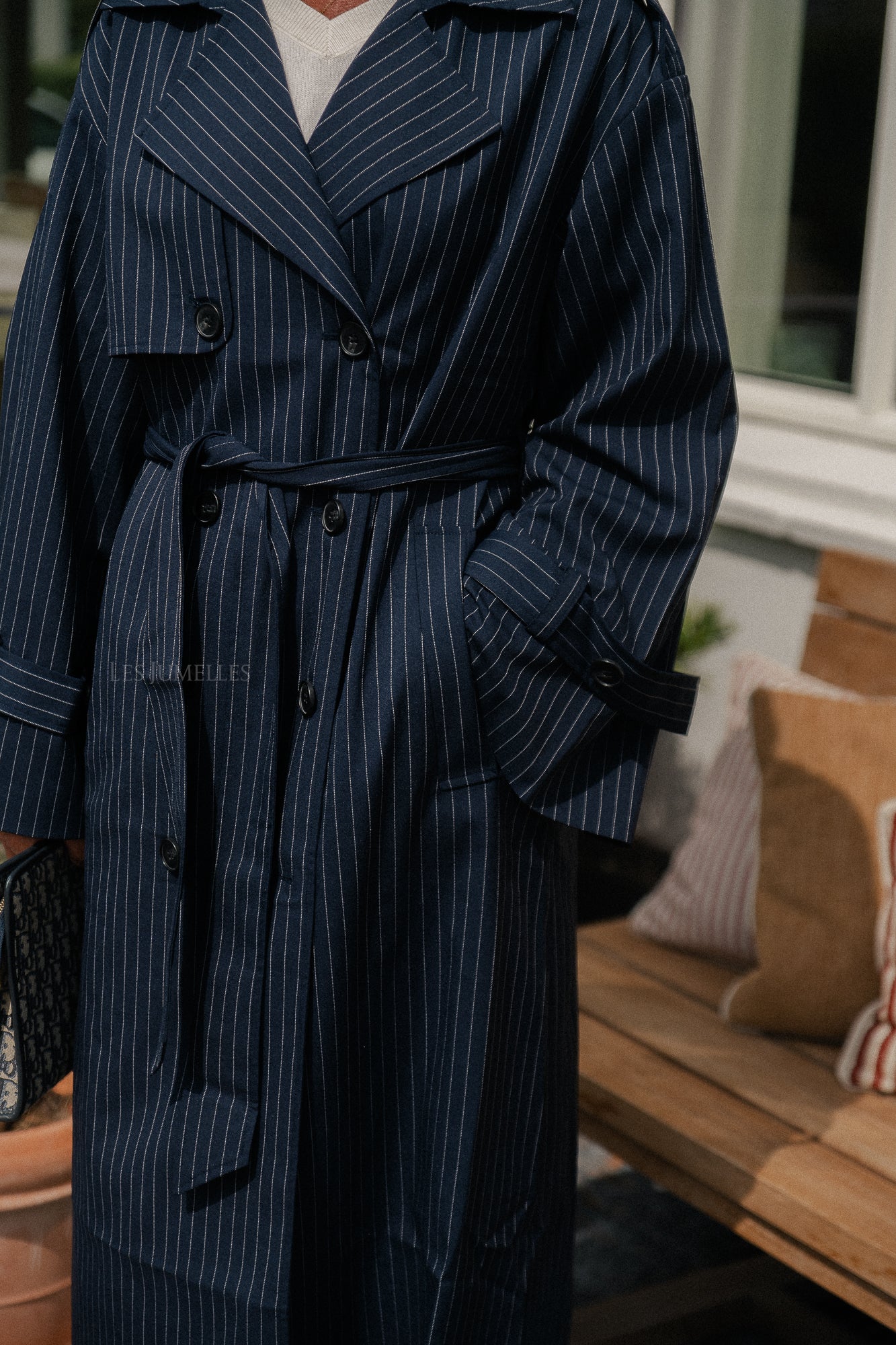 Oversized Birgit trenchcoat marineblauw krijtstreep