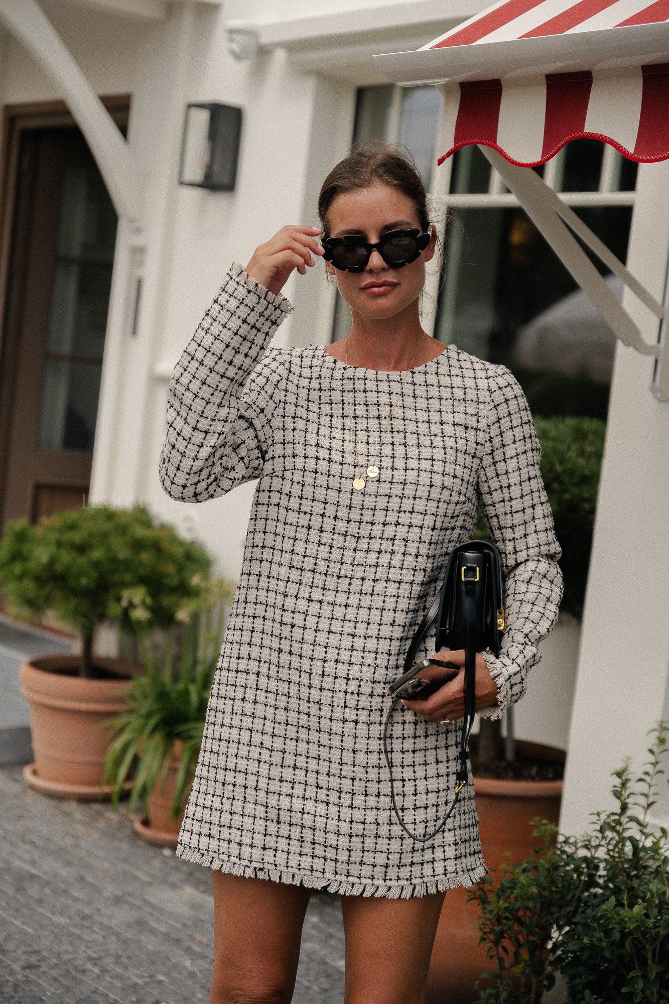 Robe Polina en tweed à carreaux noir et blanc