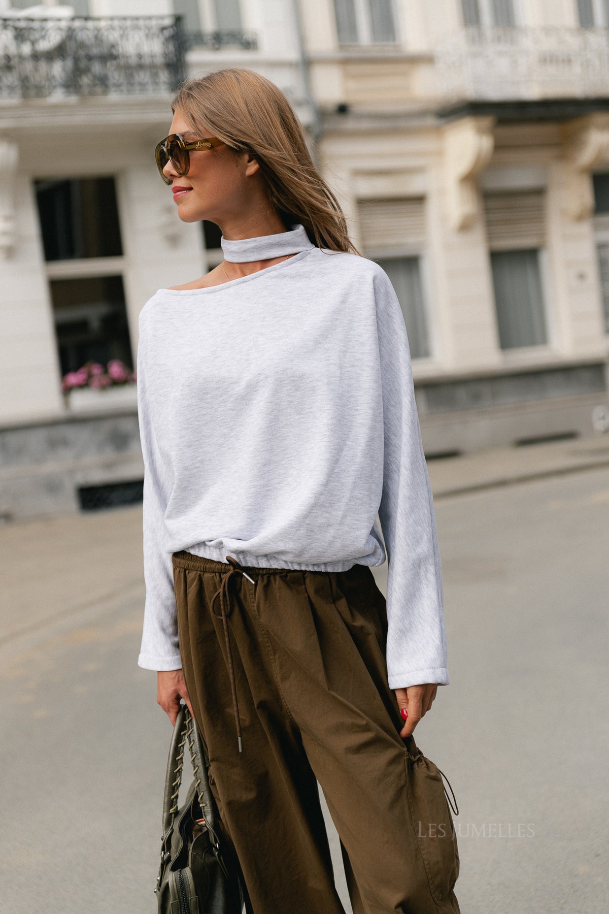 Ava LS open shoulder sweatshirt light grey melange