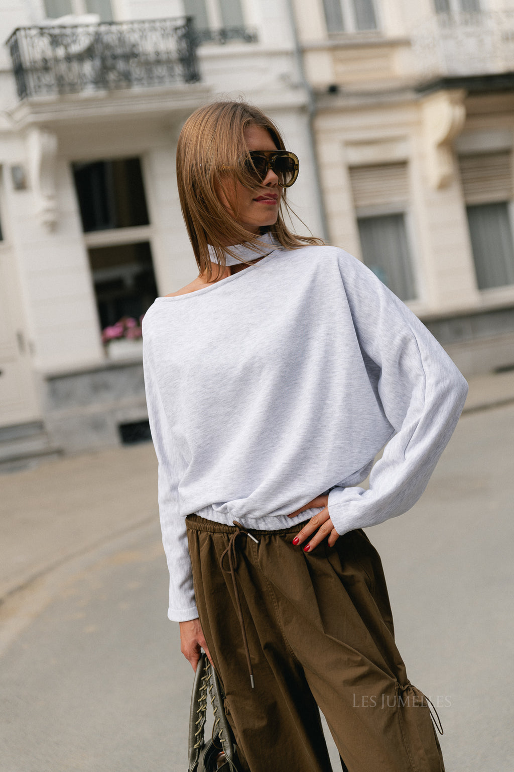 Ava LS open shoulder sweatshirt light grey melange
