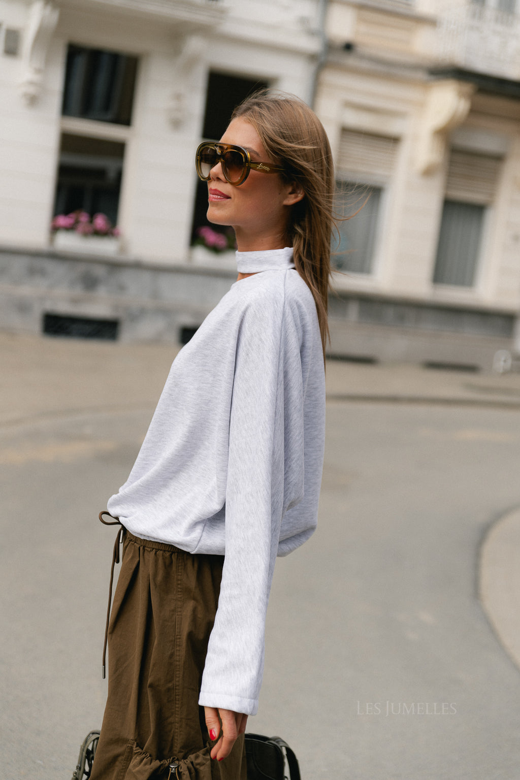 Ava LS open shoulder sweatshirt light grey melange