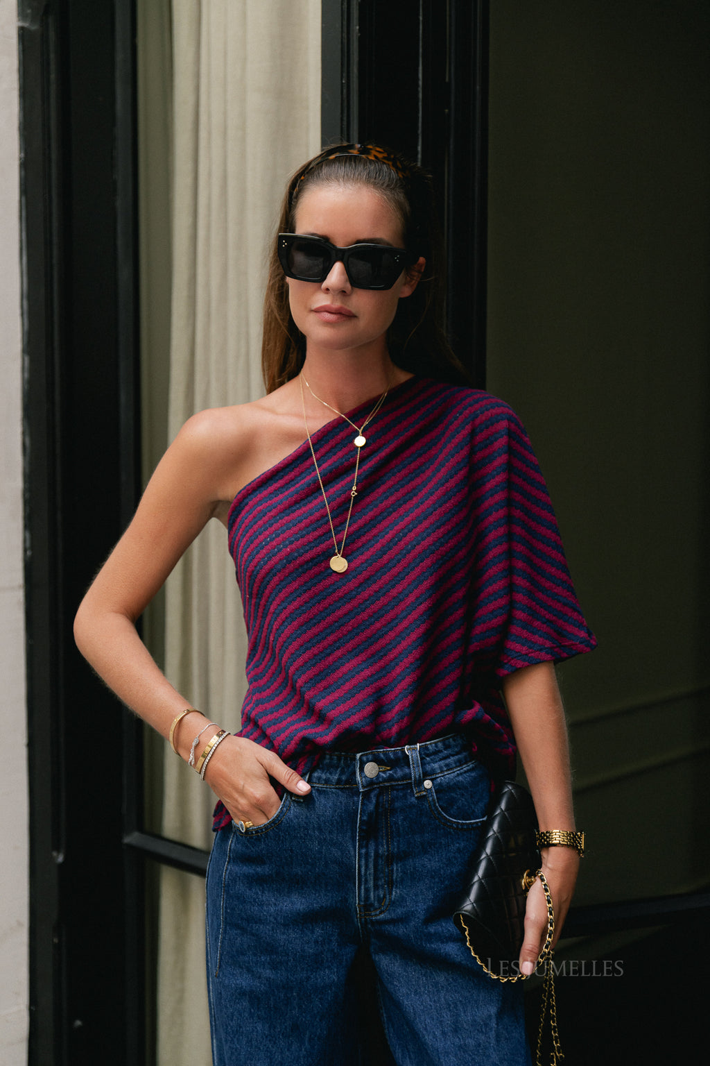 Lisa one shoulder shirt navy/burgundy