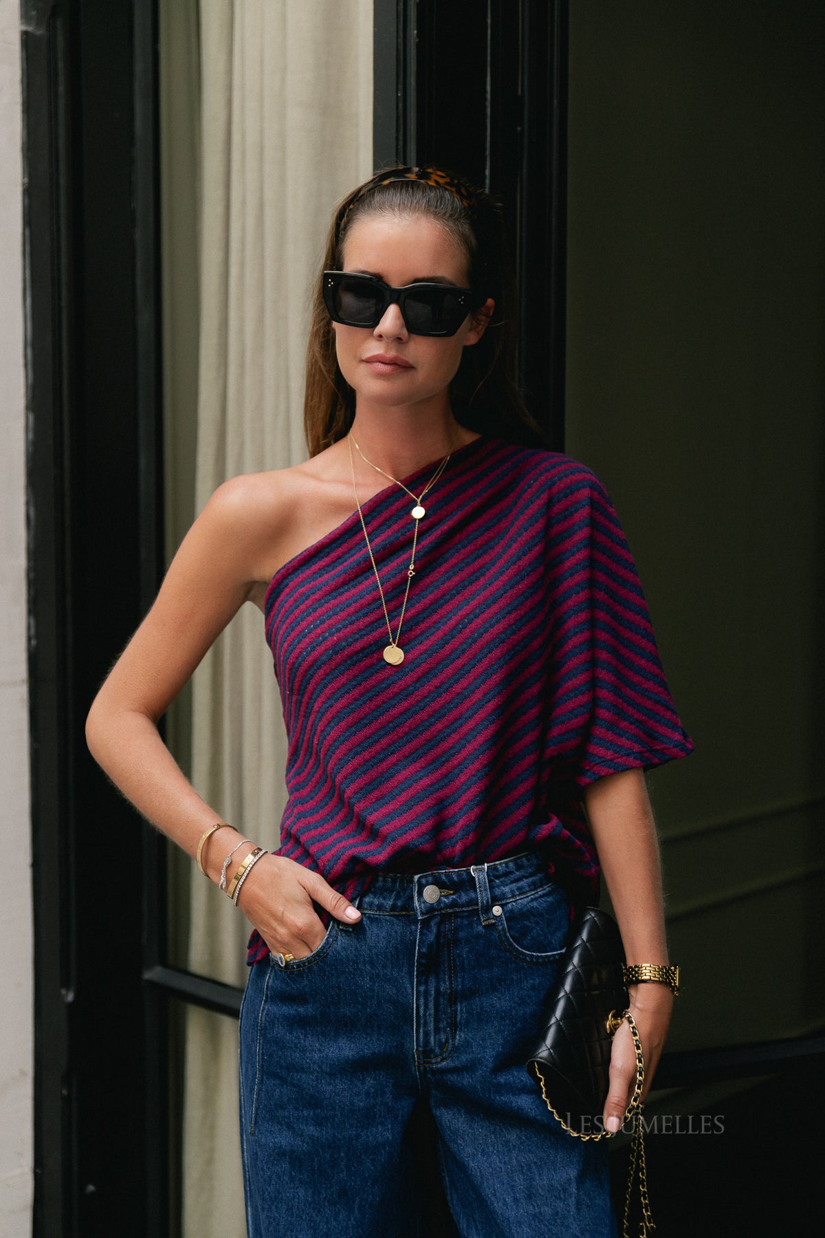 Lisa one shoulder shirt navy/burgundy