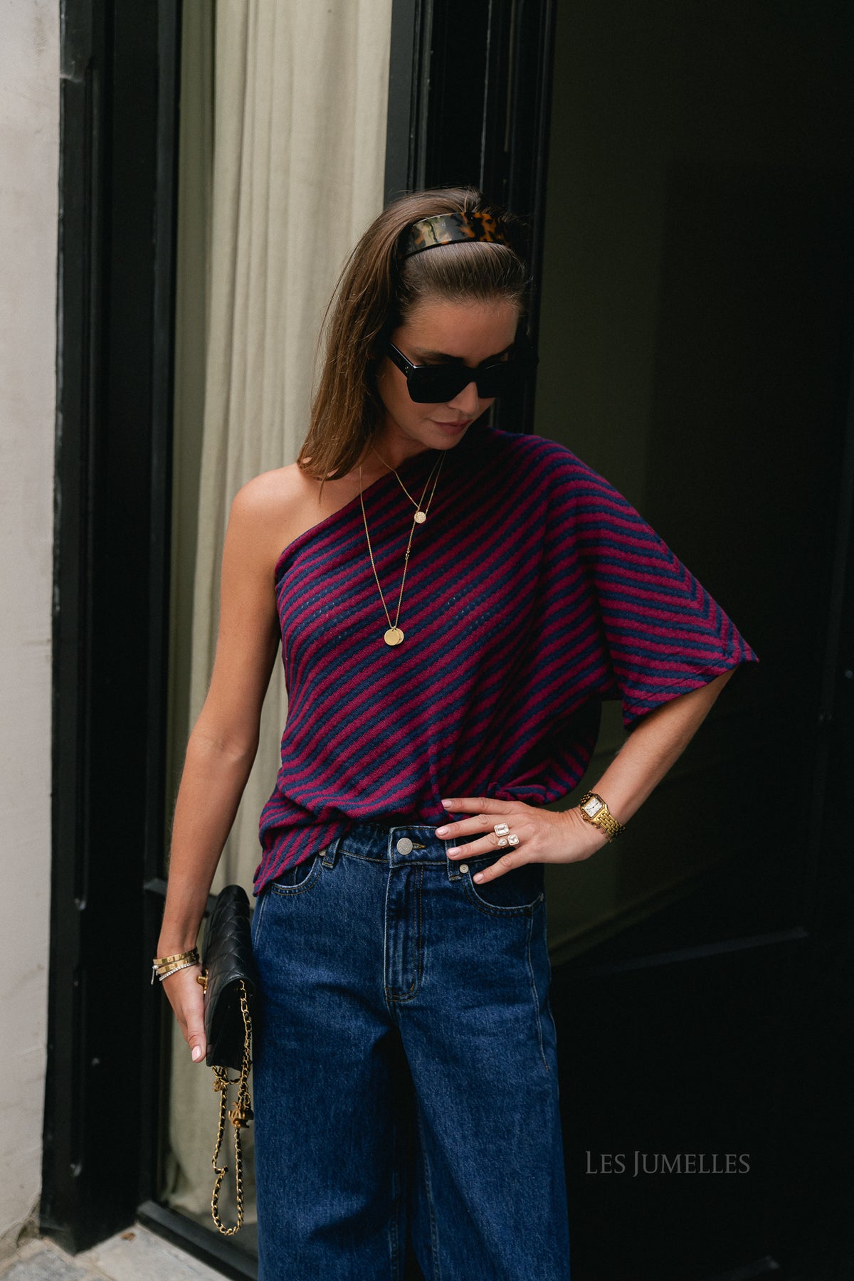 Lisa one shoulder shirt navy/burgundy