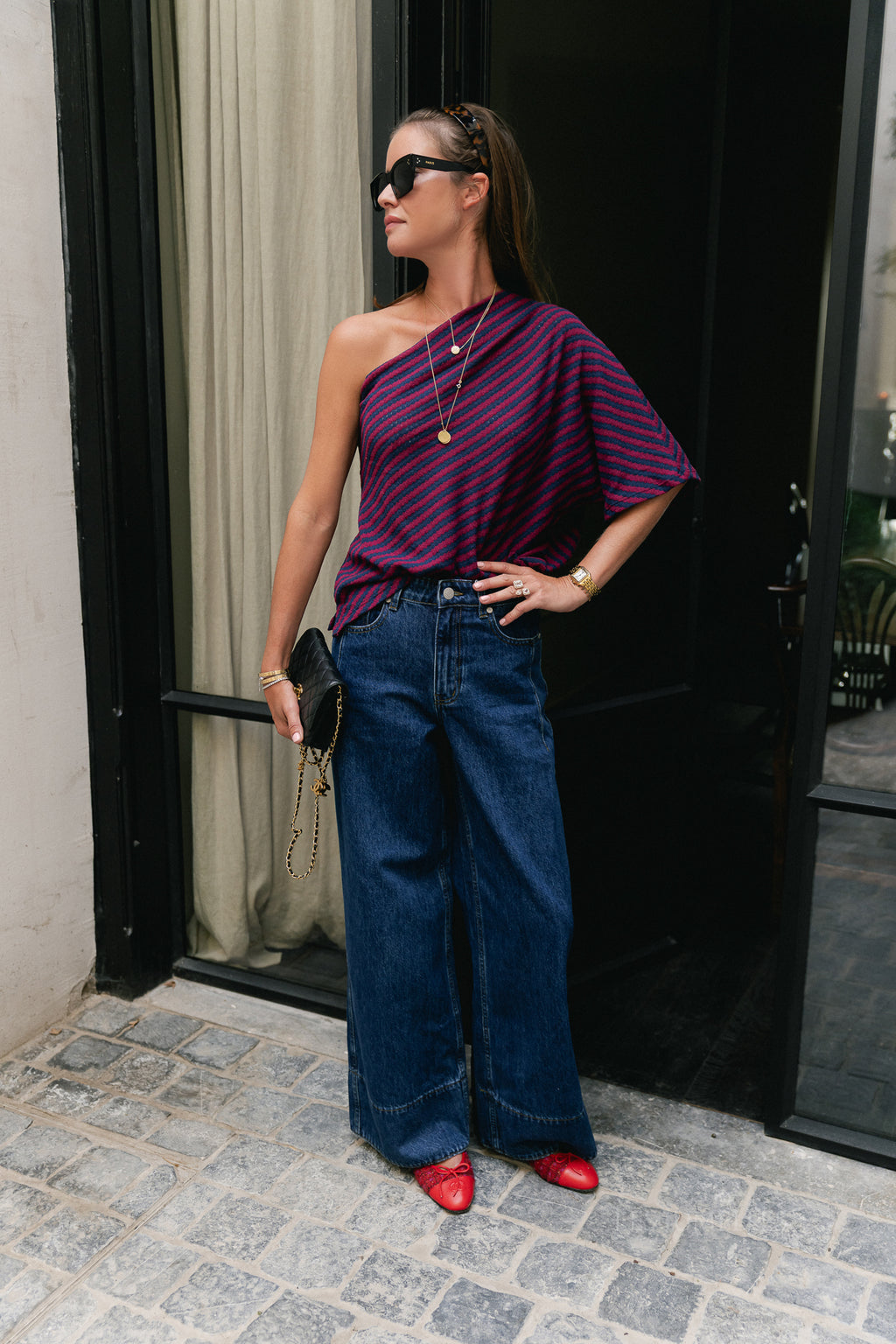 Lisa one shoulder shirt navy/burgundy
