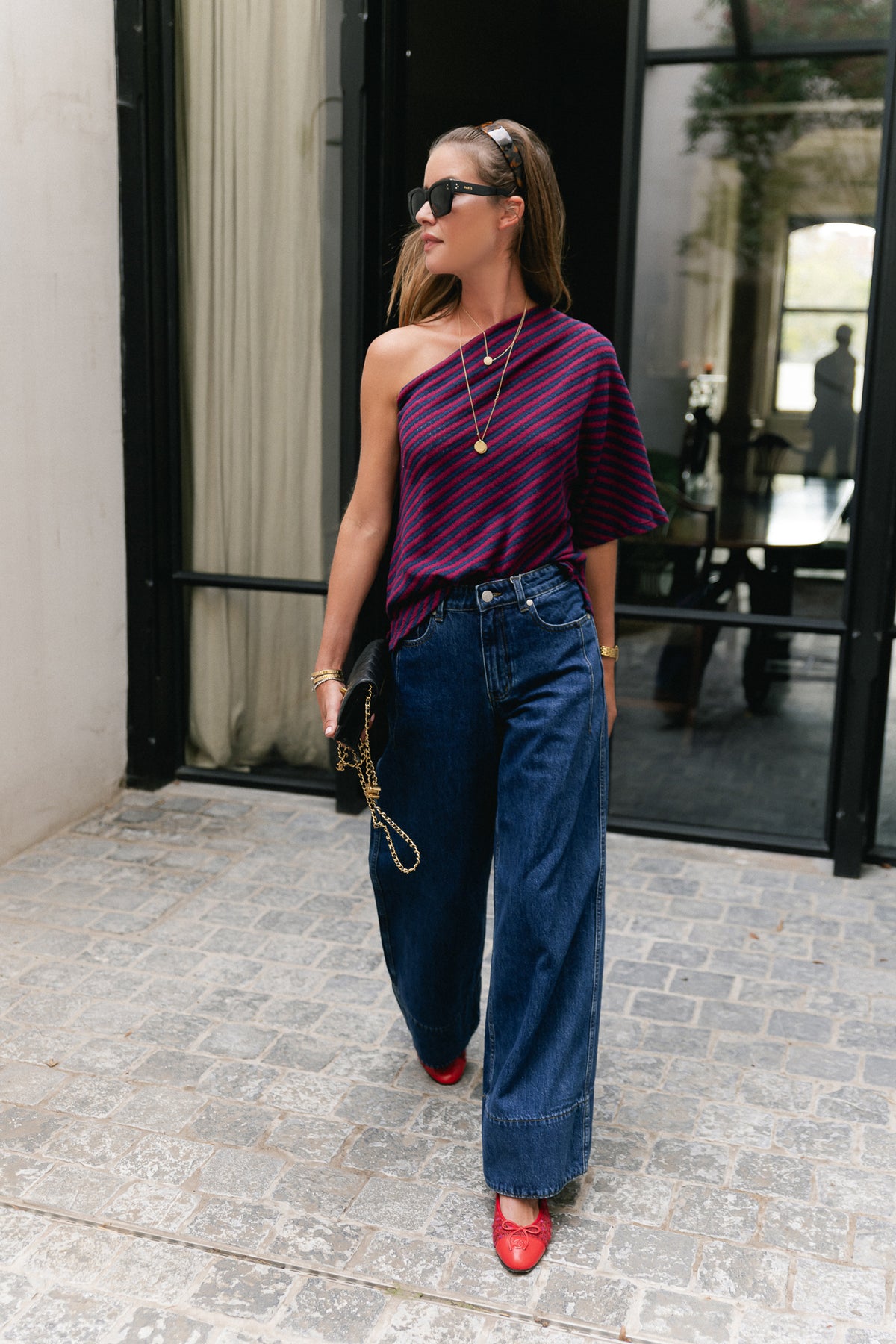 Lisa one shoulder shirt navy/burgundy