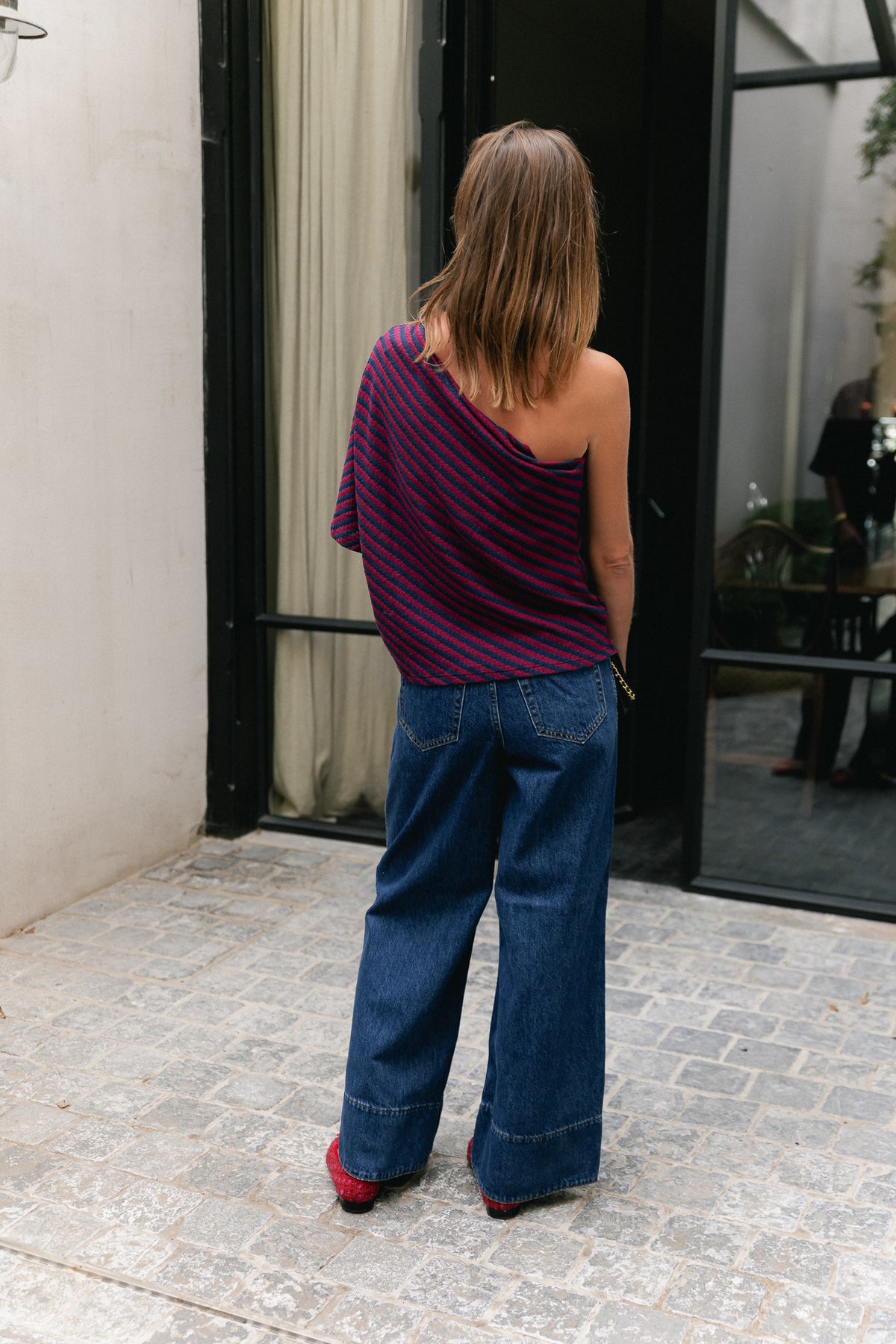 Lisa one shoulder shirt navy/burgundy