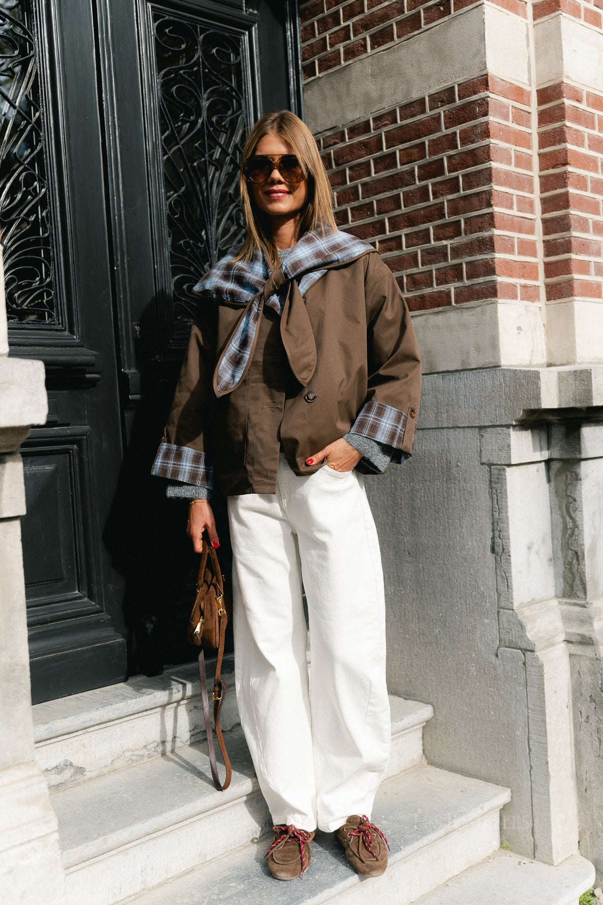 Faye checked scarf jacket chocolate brown/baby blue
