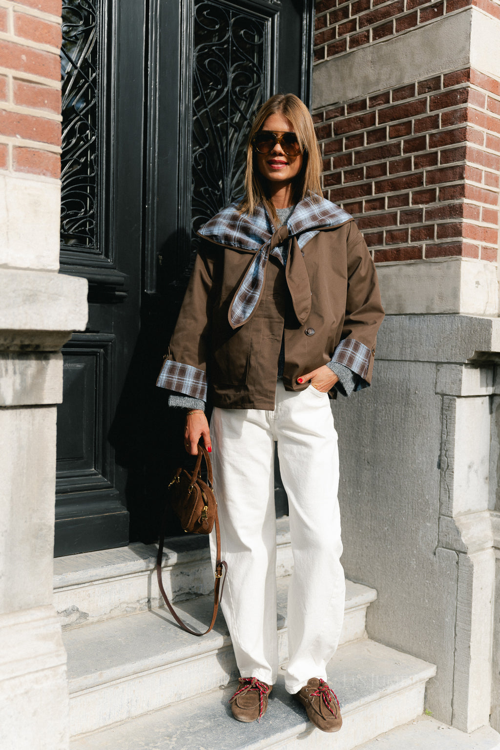 Faye checked scarf jacket chocolate brown/baby blue