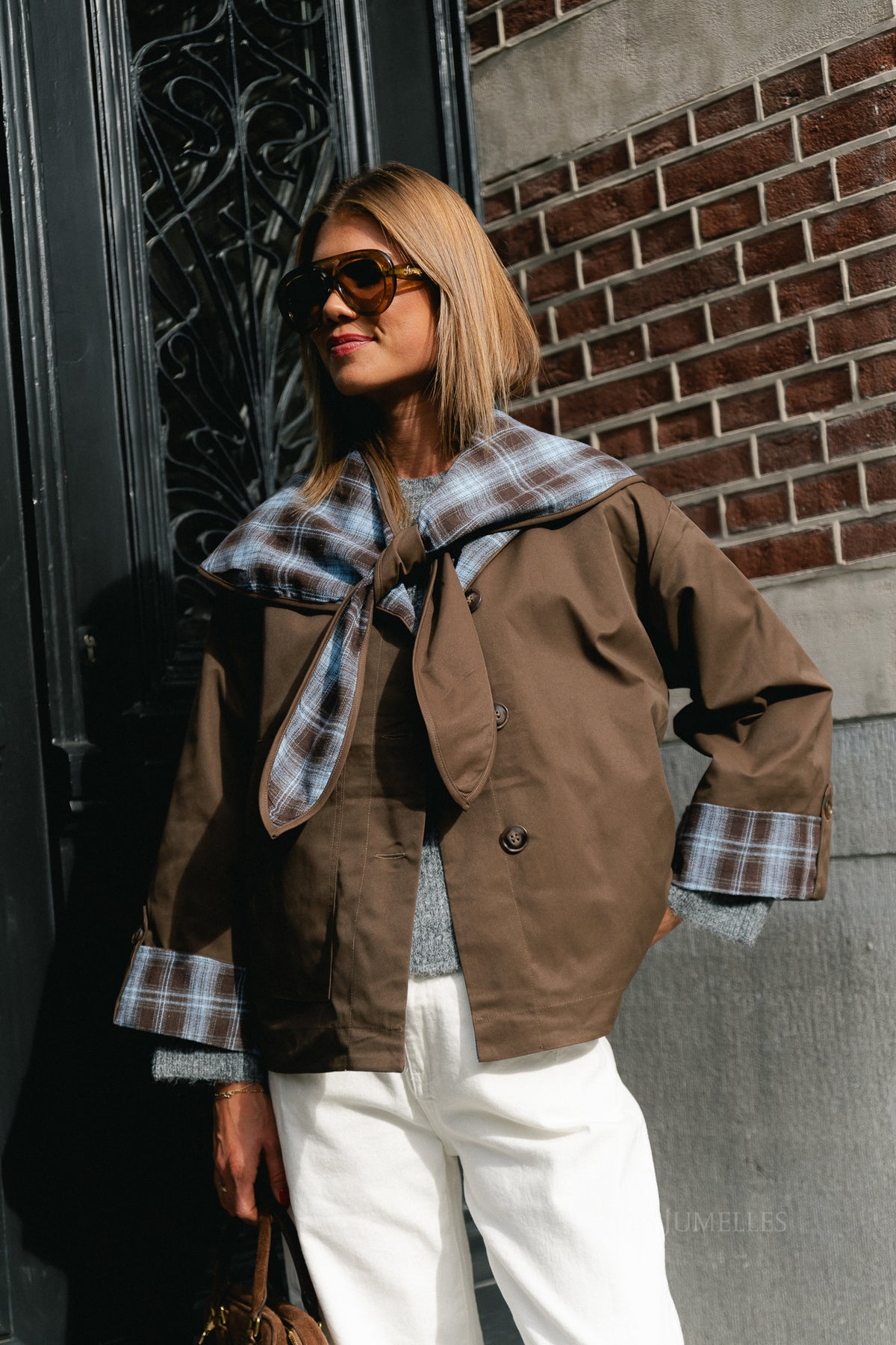 Faye checked scarf jacket chocolate brown/baby blue