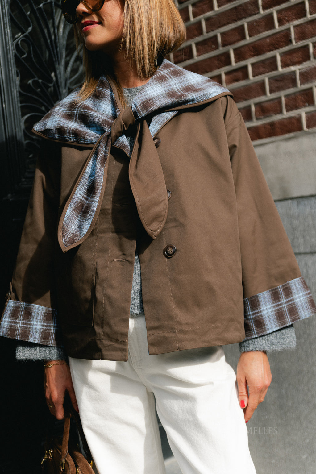 Faye checked scarf jacket chocolate brown/baby blue