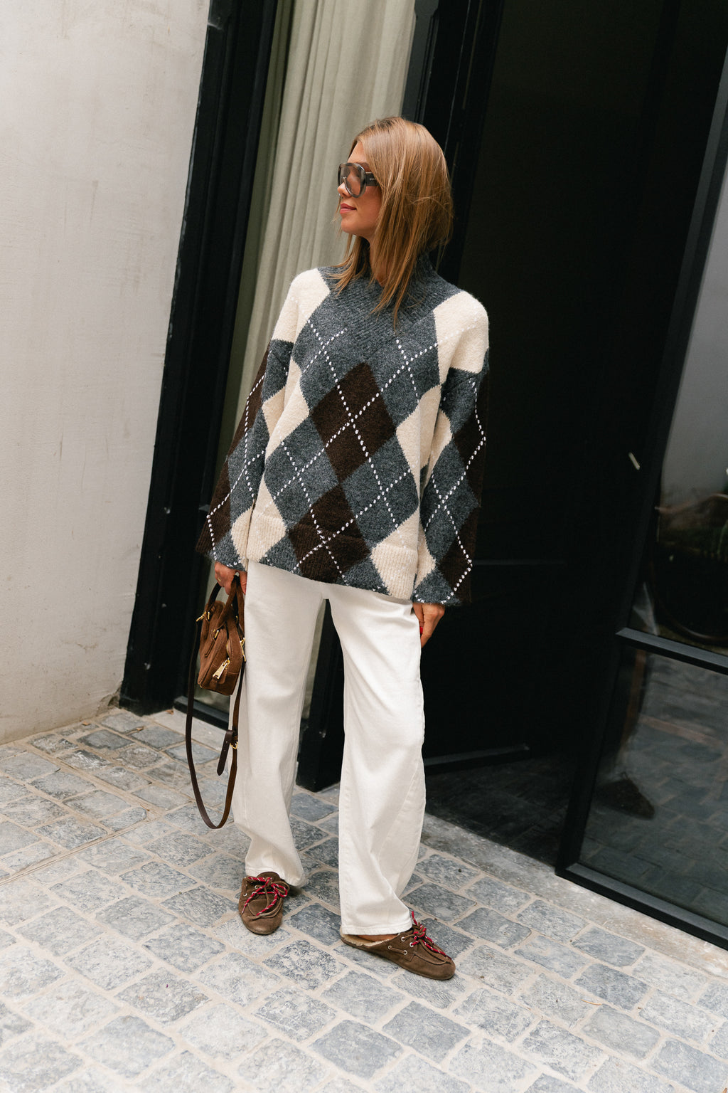 OBJBrenda LS LO V-neck pullover NOOS medium grey melange/seal brown