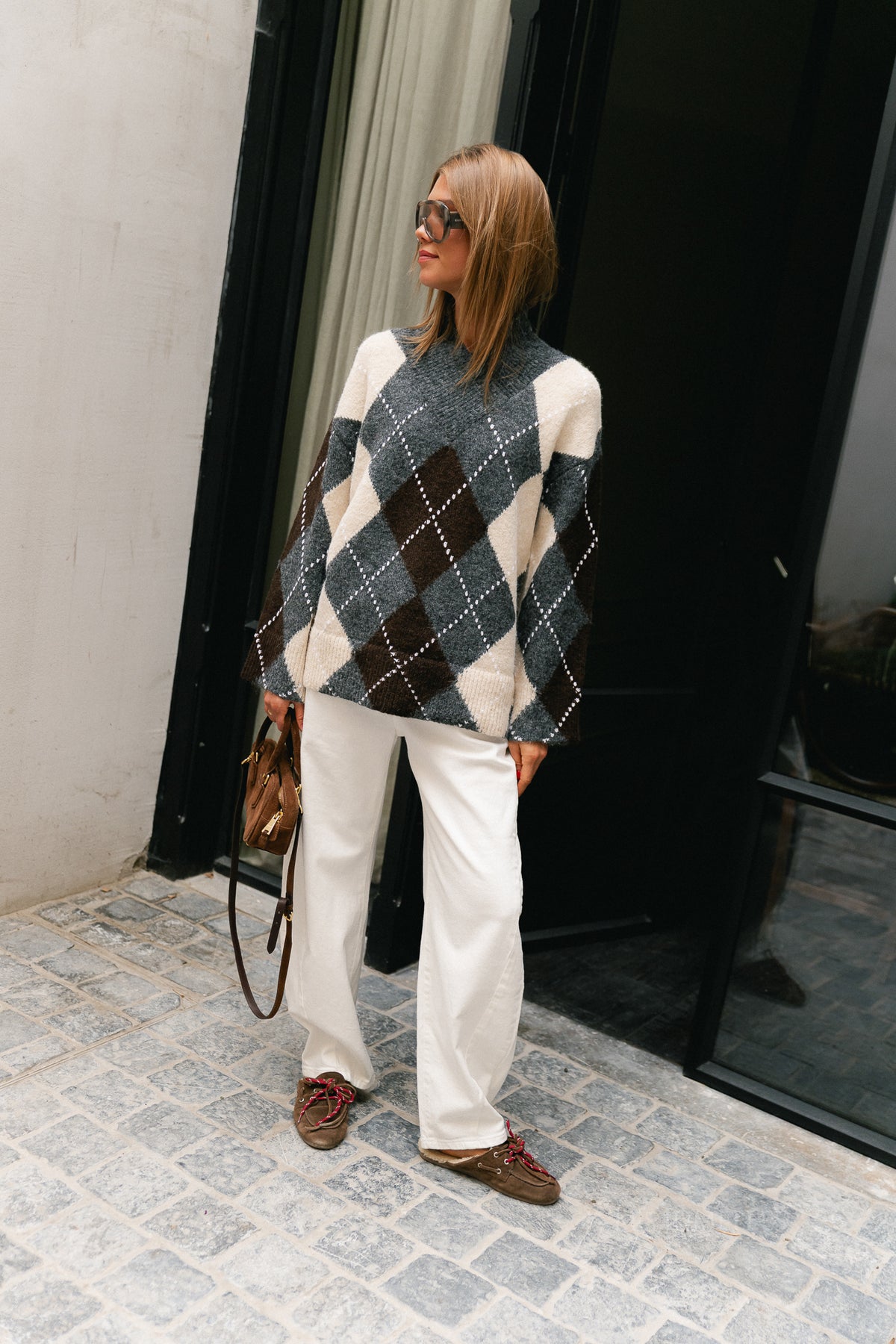 OBJBrenda LS LO V-neck pullover NOOS medium grey melange/seal brown