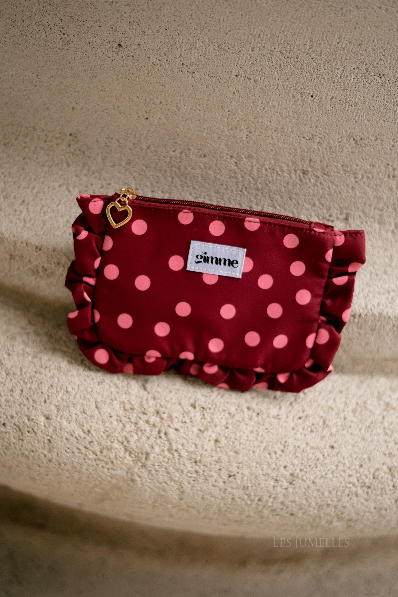 Ruffled make-up bag burgundy/pink polkadots