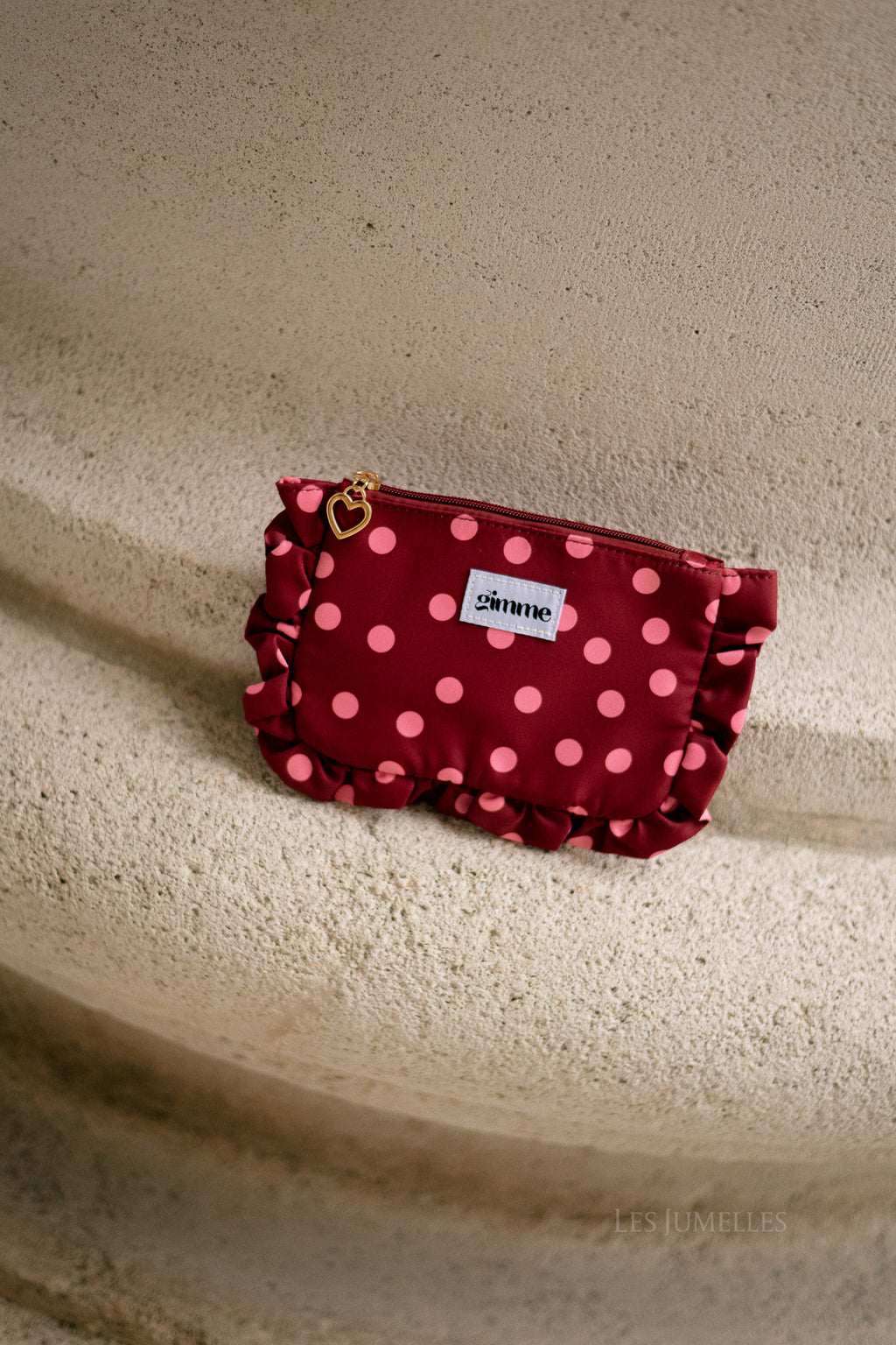Ruffled make-up bag burgundy/pink polkadots
