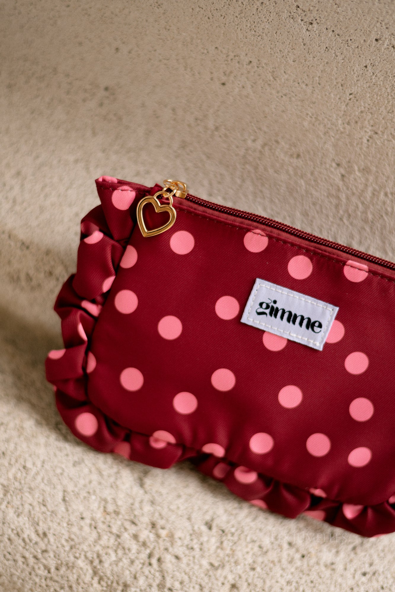 Ruffled make-up bag burgundy/pink polkadots