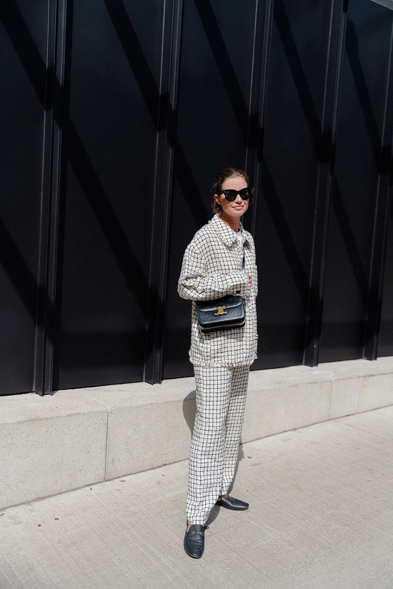 Veste oversize en tweed à carreaux noir/blanc