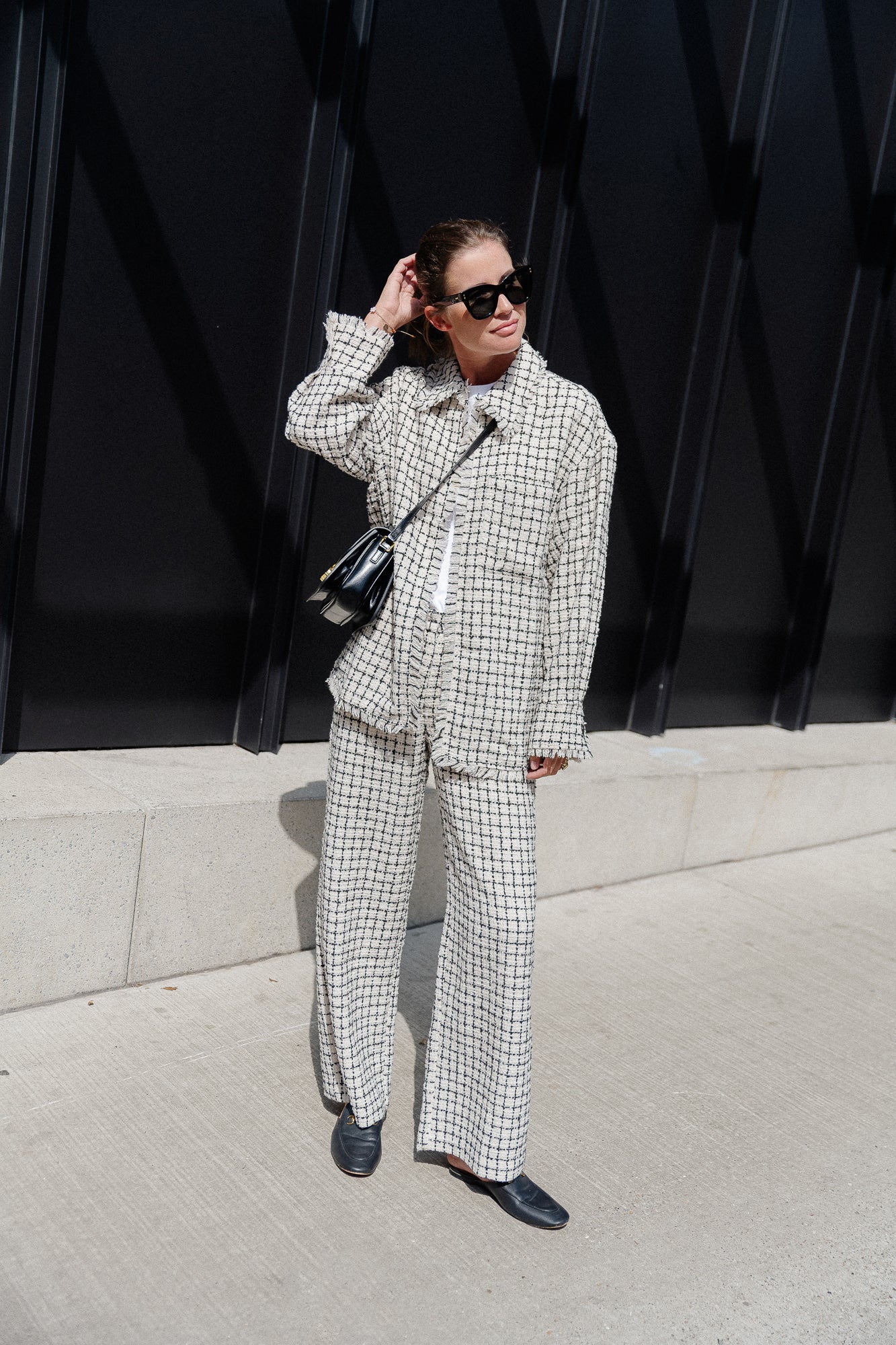 Veste oversize en tweed à carreaux noir/blanc